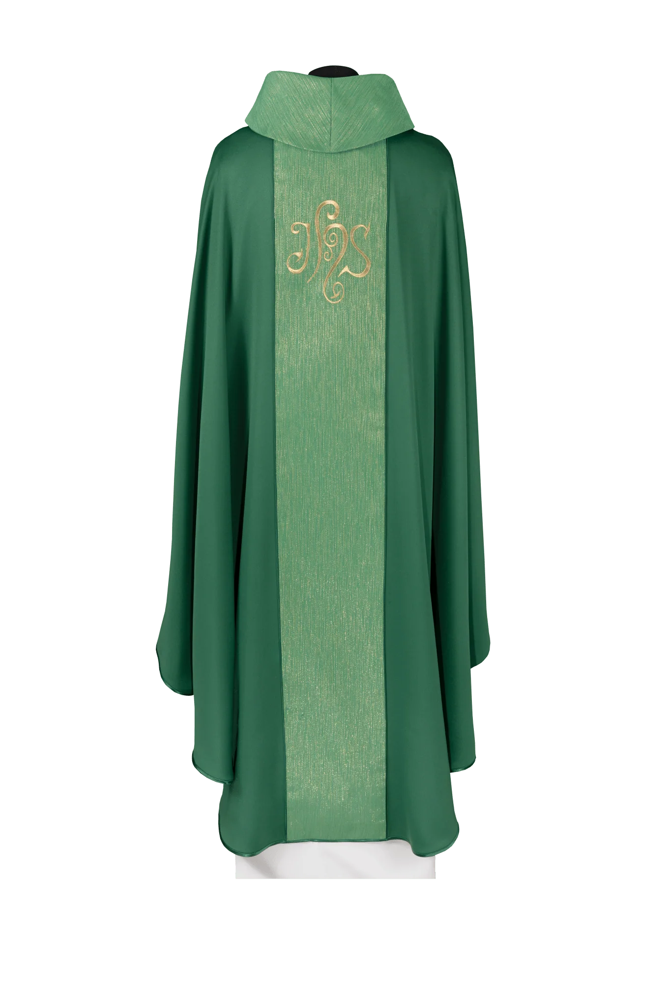 Green chasuble adorned with a decorative band and embroidered IHS symbol - Image 2