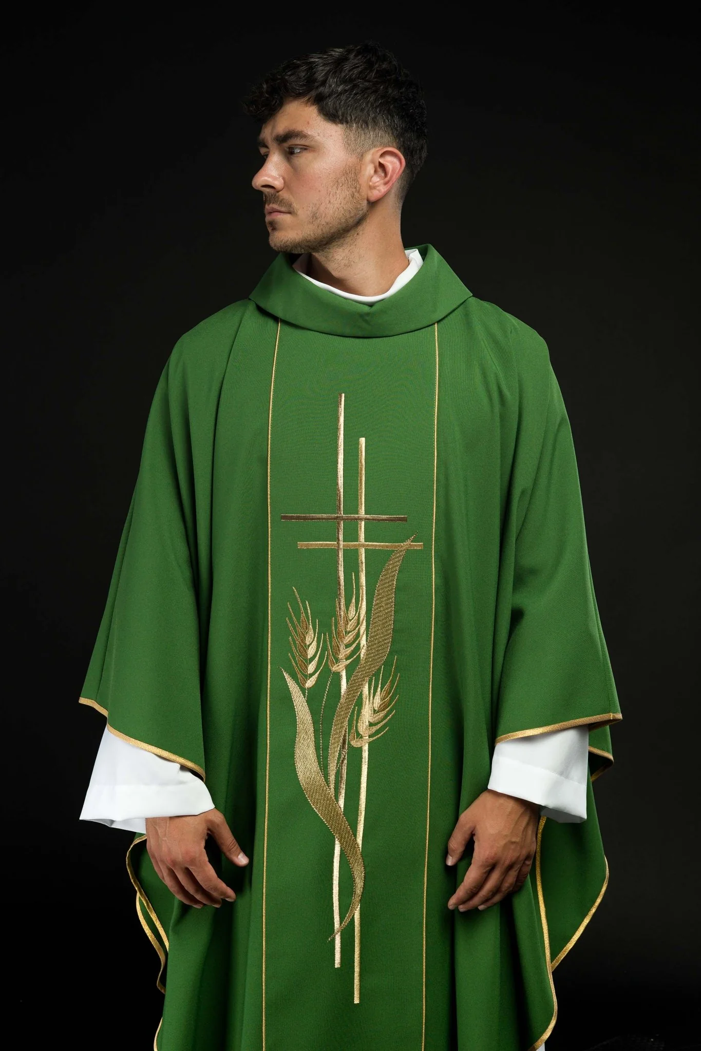 Green chasuble embroidered with motifs of cross and wheat