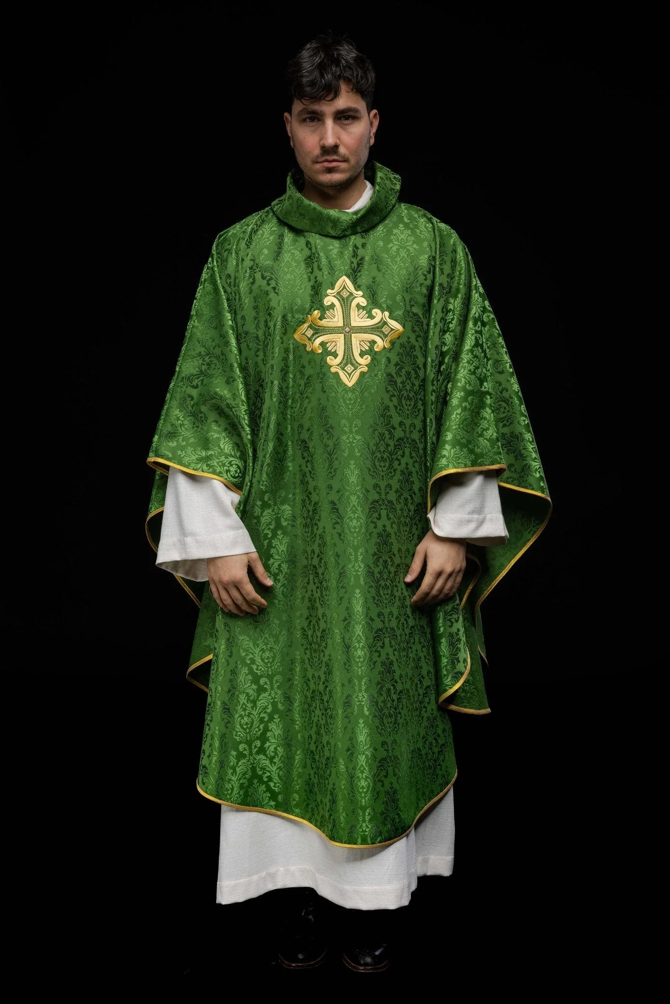 Green chasuble with cross sewn from patterned fabric - Image 2