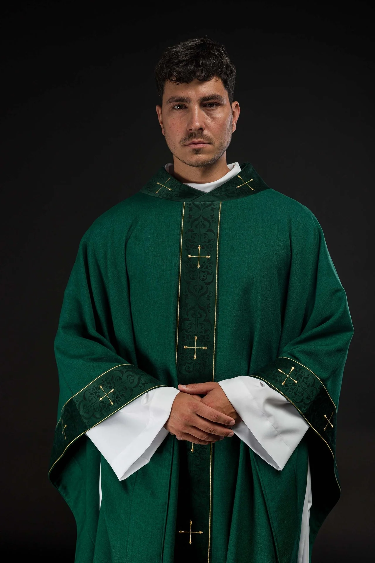 Green Chasuble with Embroidered Cross Band and Collar