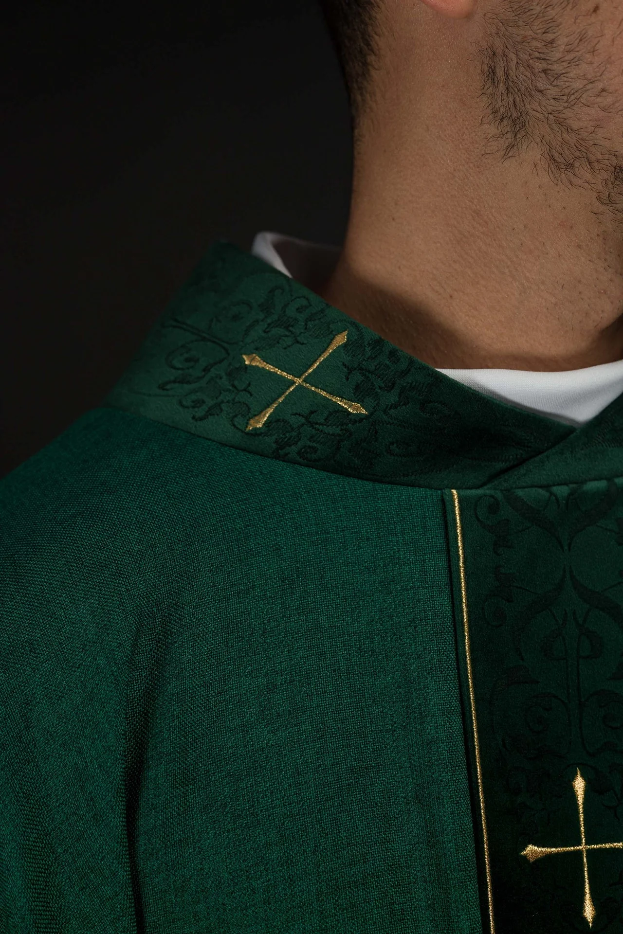 Green Chasuble with Embroidered Cross Band and Collar - Image 5