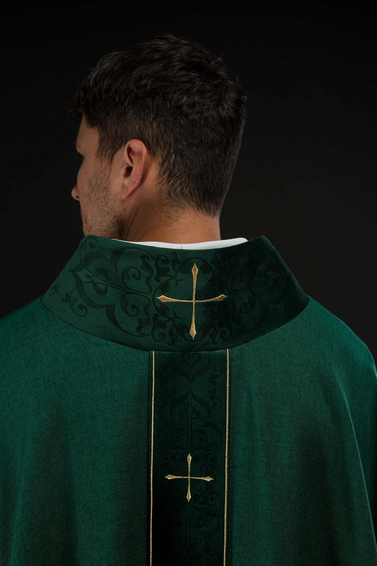 Green Chasuble with Embroidered Cross Band and Collar - Image 6