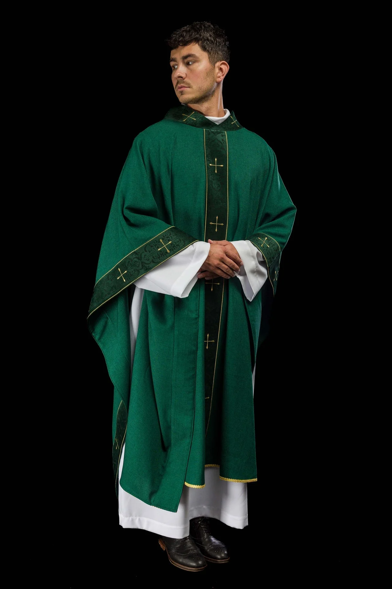 Green Chasuble with Embroidered Cross Band and Collar - Image 8