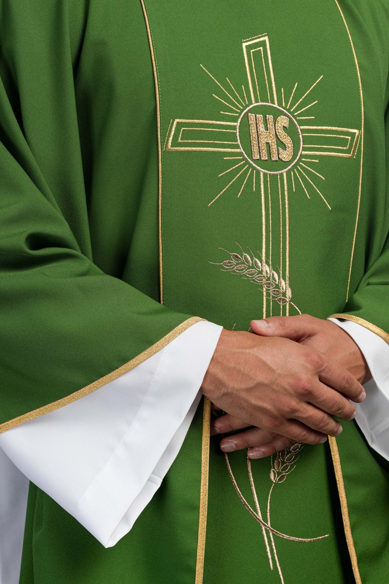 Green chasuble with embroidered Cross IHS symbol - Image 4