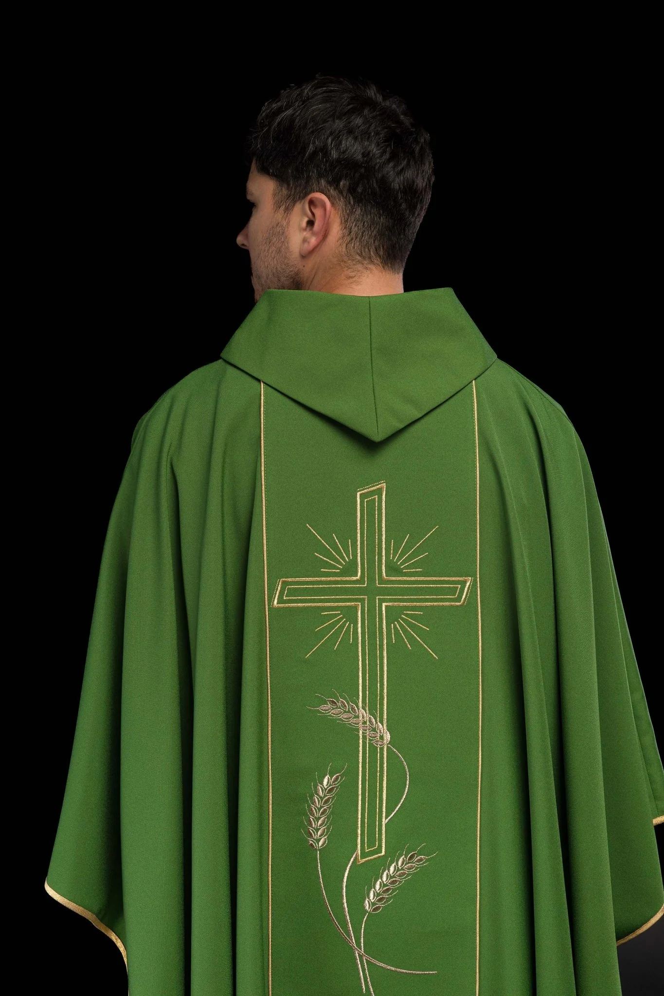 Green chasuble with embroidered Cross IHS symbol - Image 6