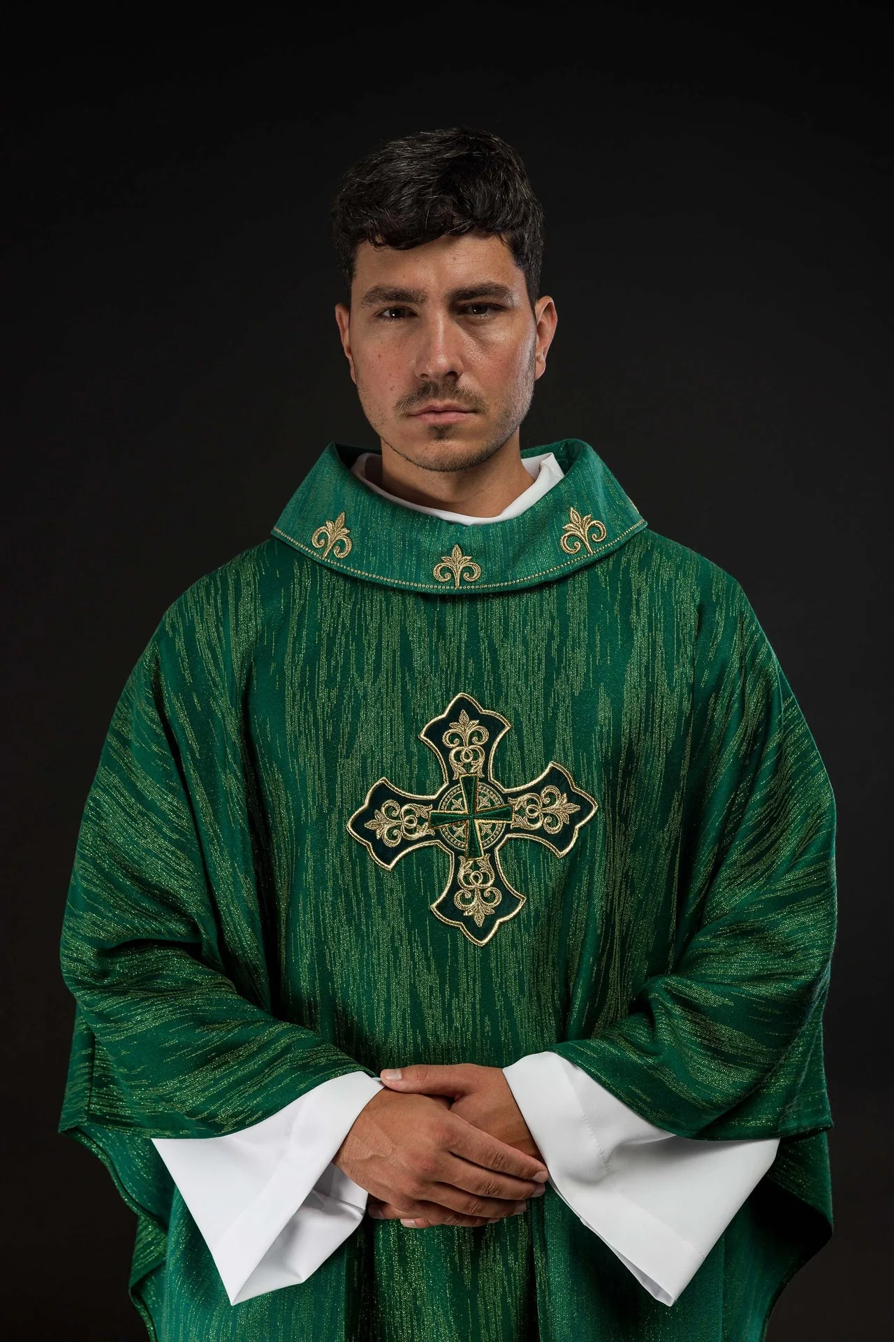 Green Chasuble with Embroidered Cross Motif on Decorative Fabric