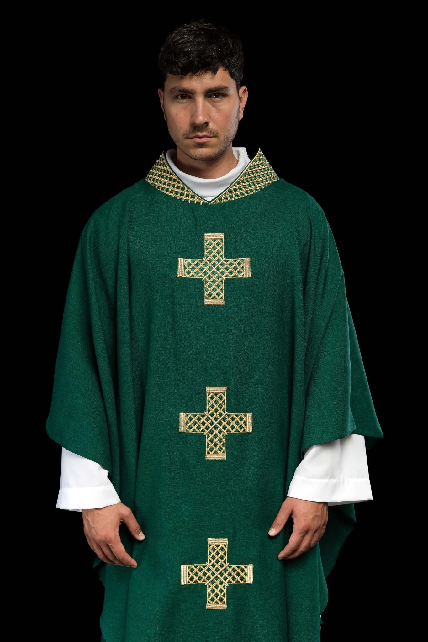 Green chasuble with embroidered gold crosses and collar