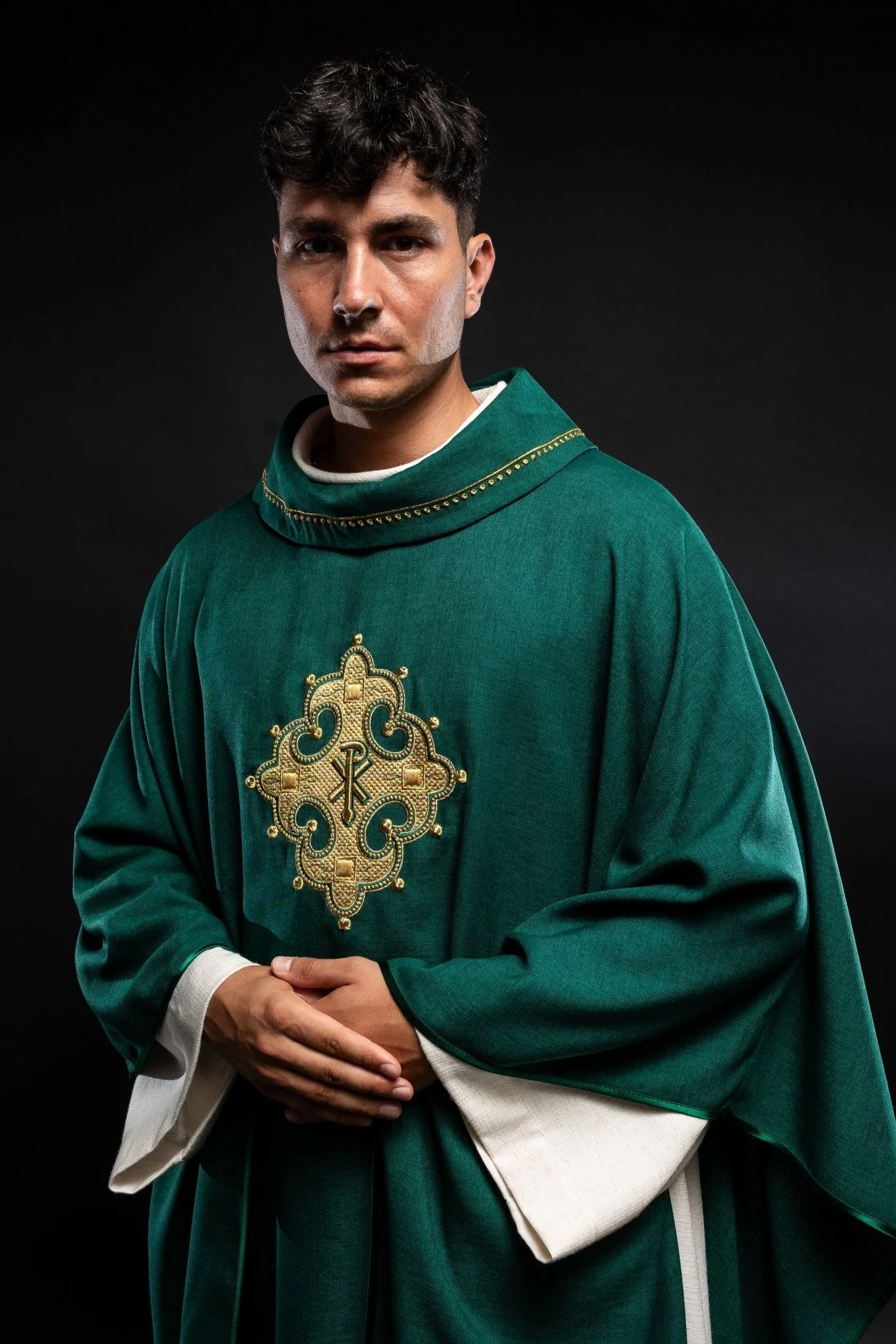 Green chasuble with gold PAX embroidery on chest and delicate embroidery on collar