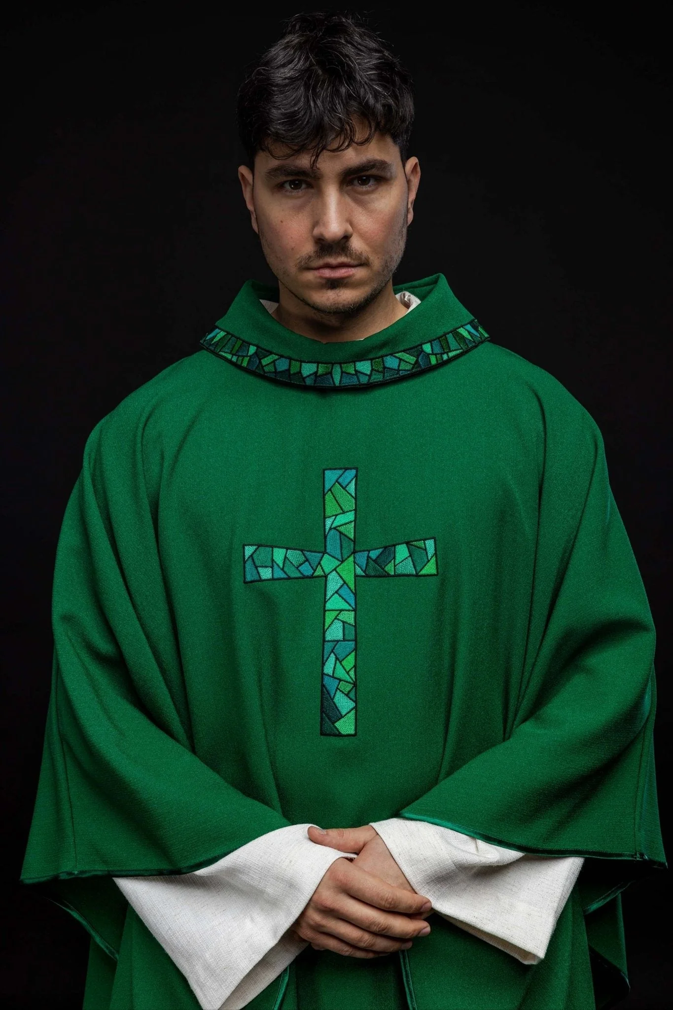 Green chasuble with simple embroidery