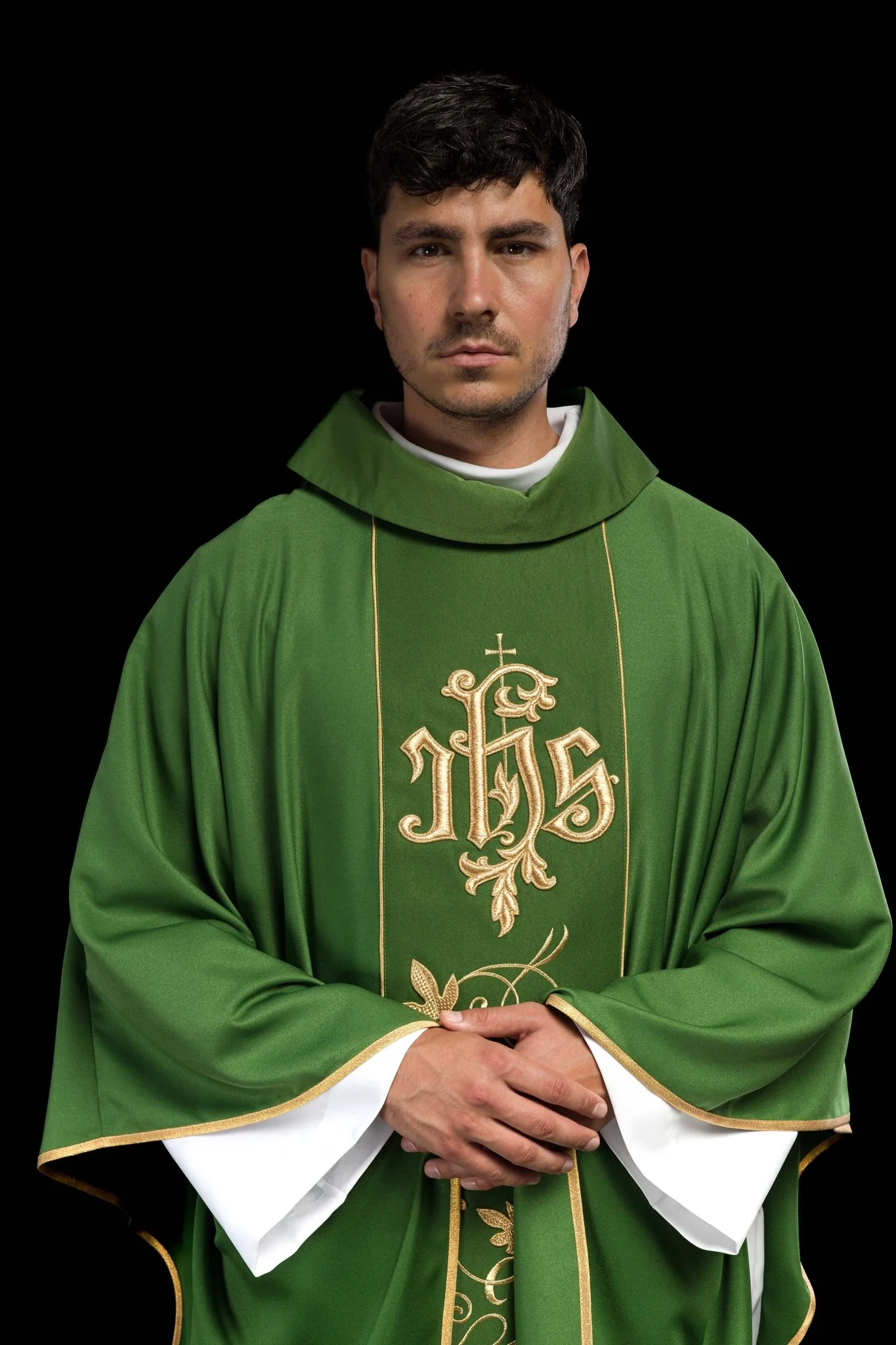 Green classic JHS embroidered chasuble - Image 3