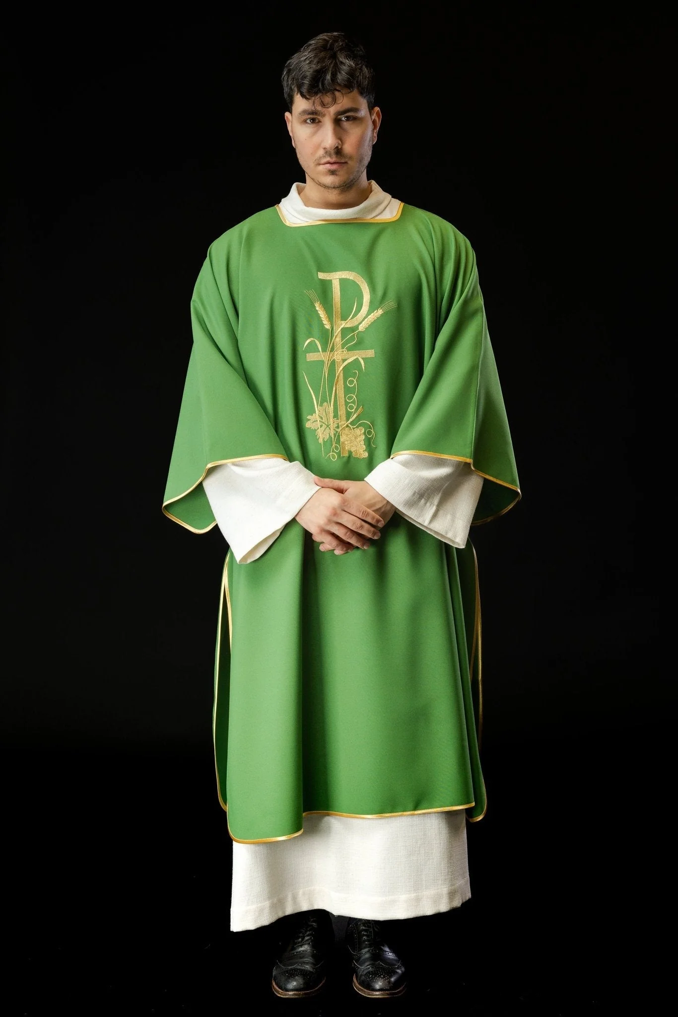 Green dalmatics with gold Pax cross embroidery - Image 2