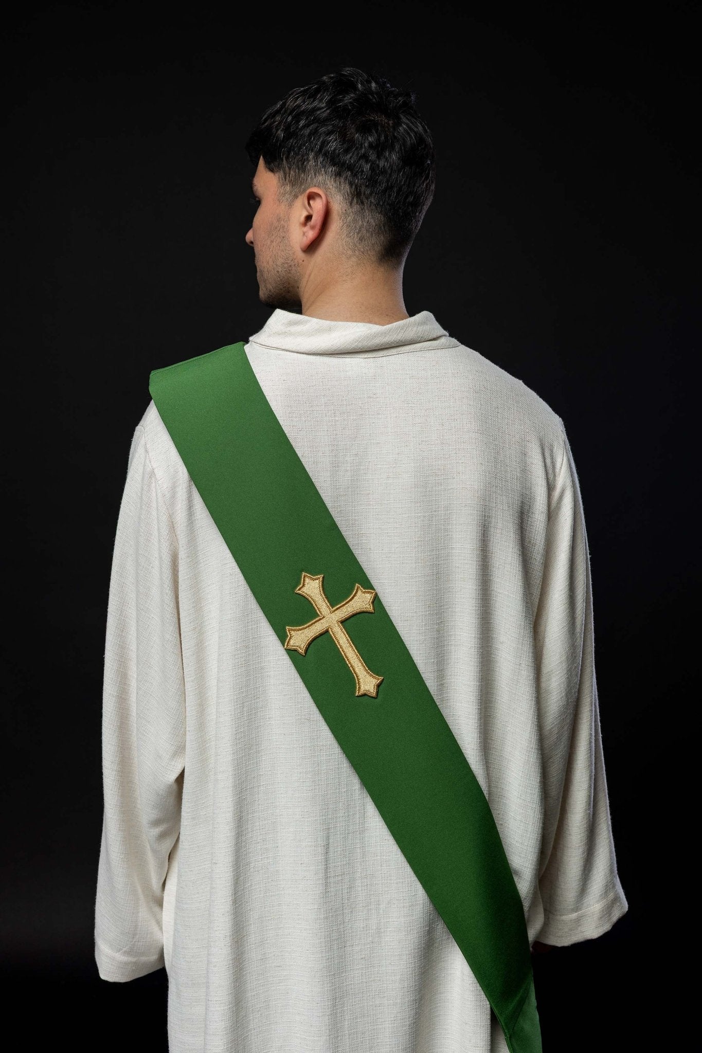 Green Deacon stole with IHS in ecru - Image 5