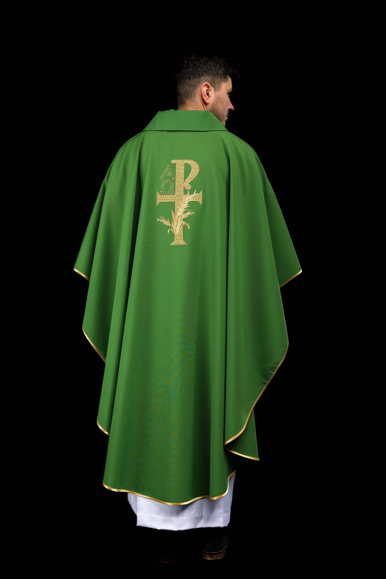 Green embroidered chasuble with Alpha and Omega symbol and wide collar - Image 7
