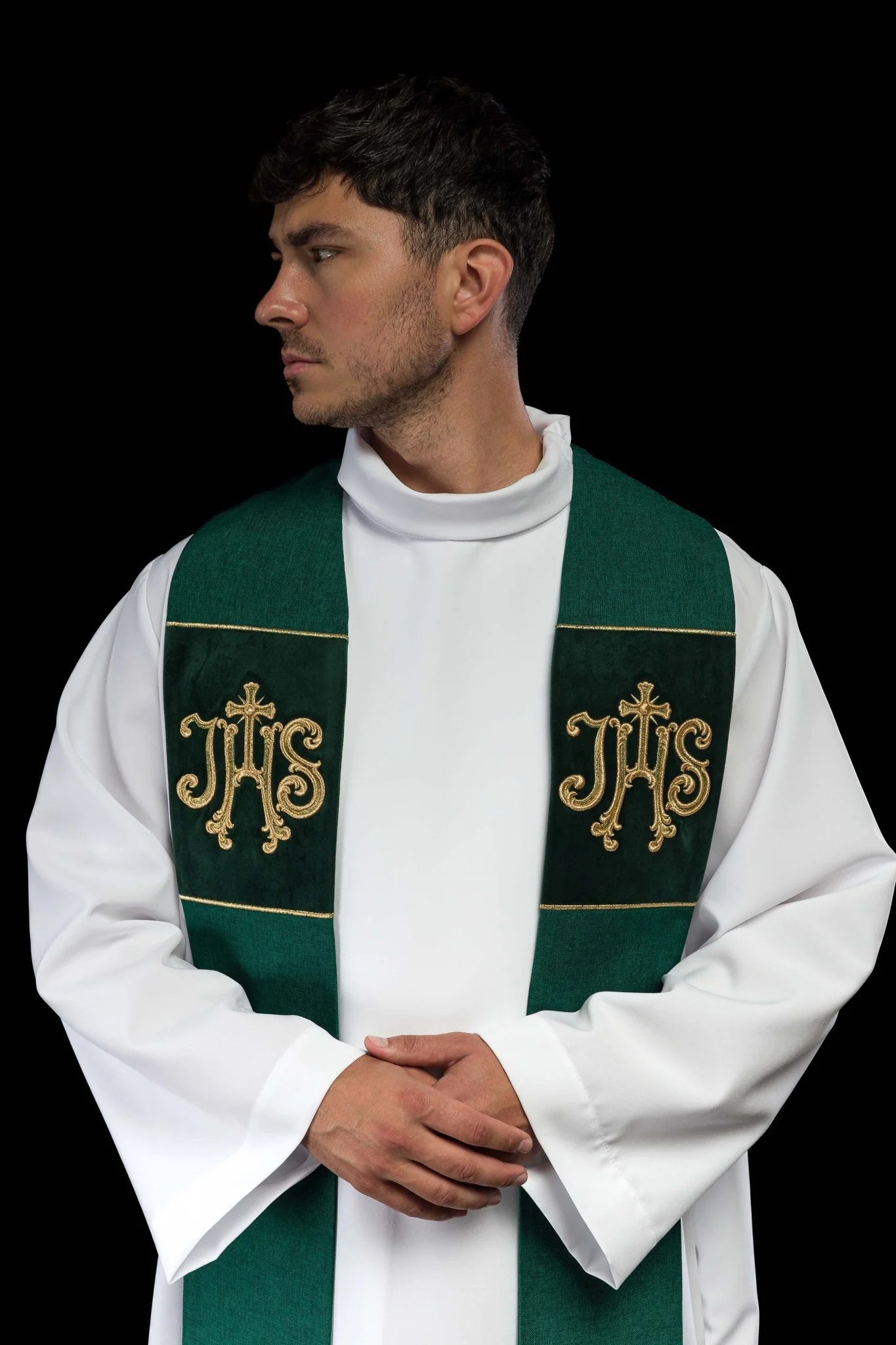 Green Embroidered Velvet Stole with IHS Motif - Image 2