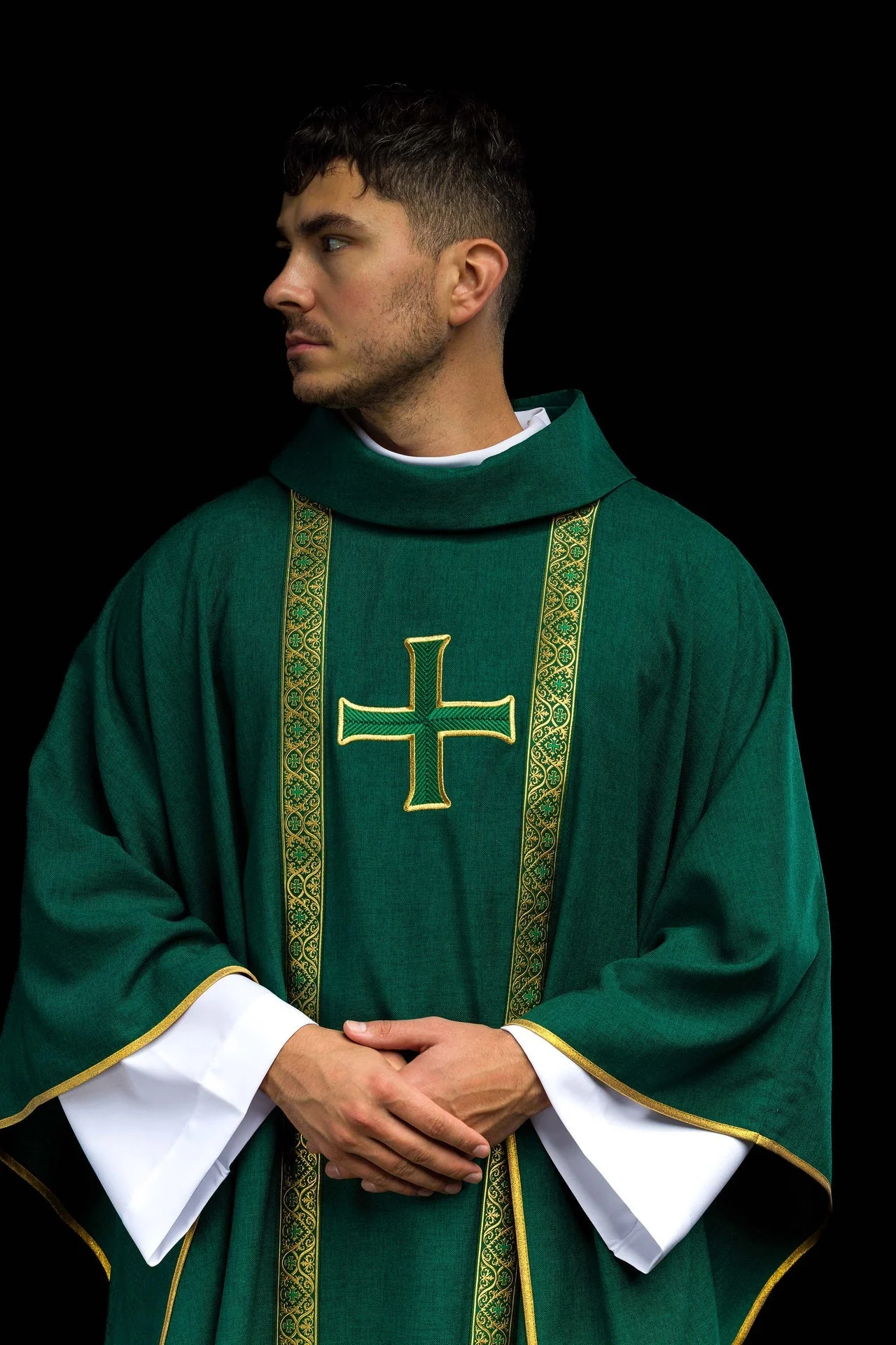 Green liturgical chasuble with embroidered cross and jacquard bands