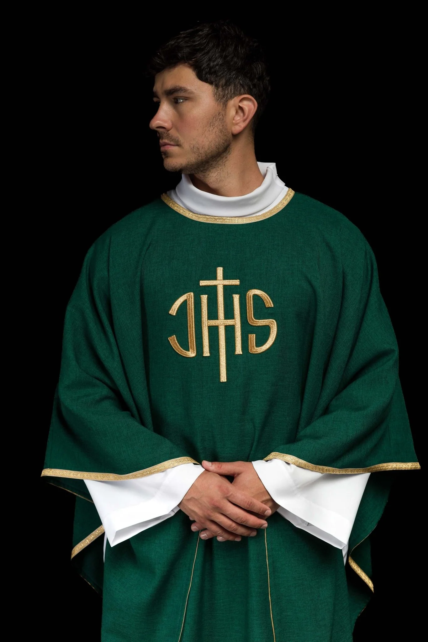 Green Liturgical Chasuble with Gold IHS Embroidery