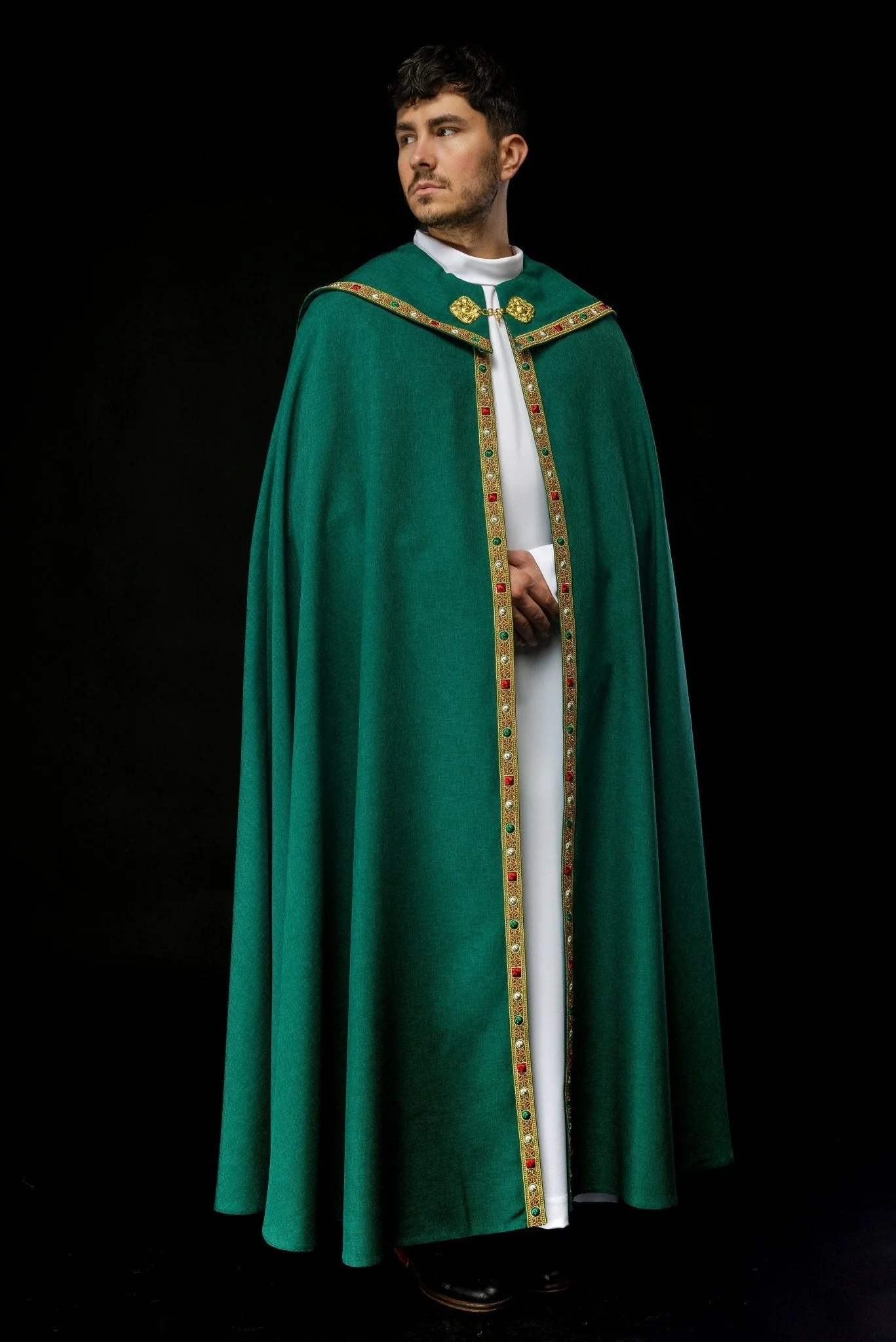 Green liturgical cope with classic JHS embroidery - Image 2