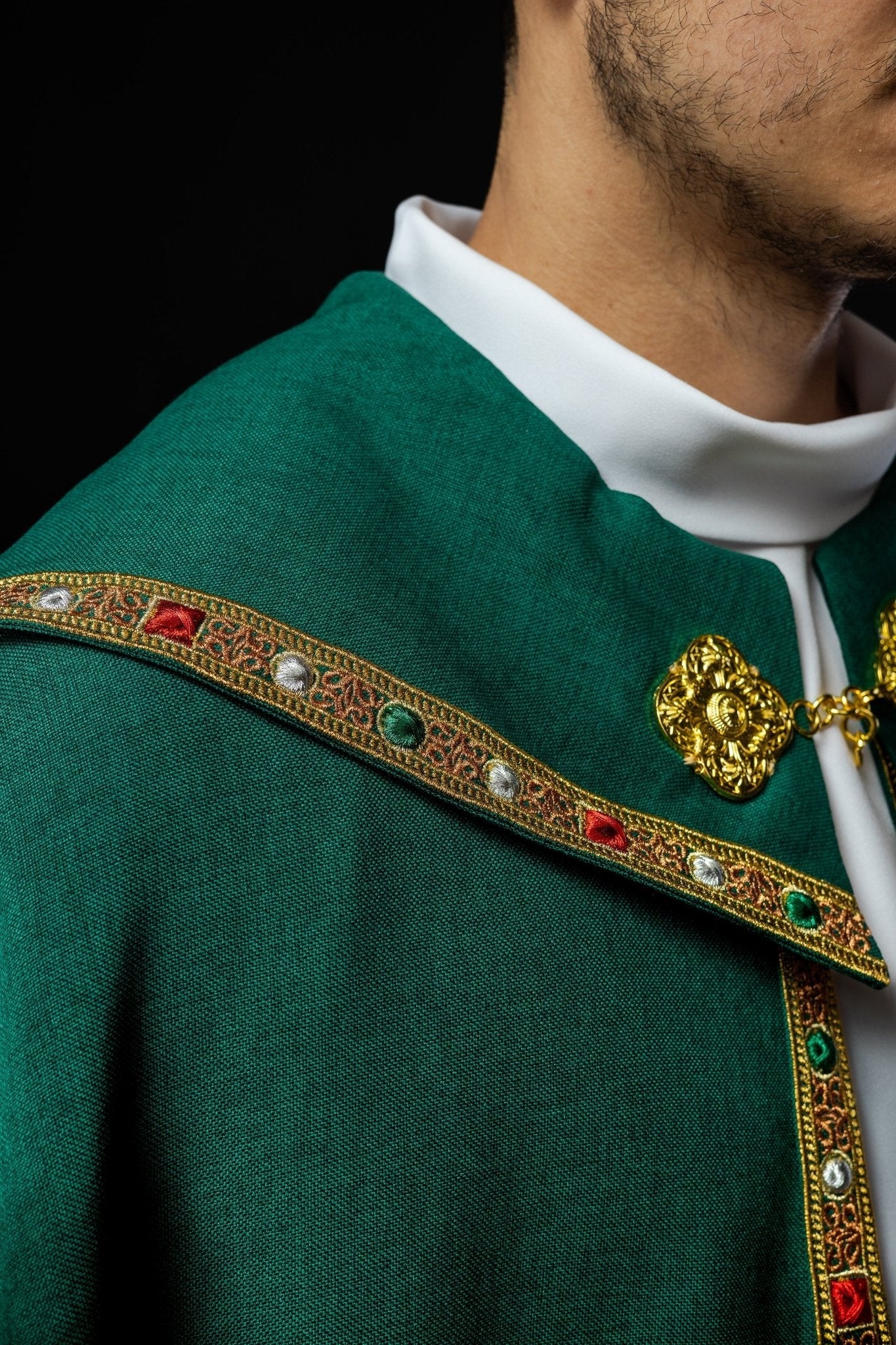 Green liturgical cope with classic JHS embroidery - Image 4