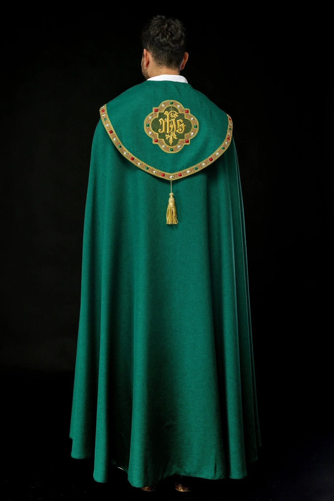 Green liturgical cope with classic JHS embroidery - Image 7