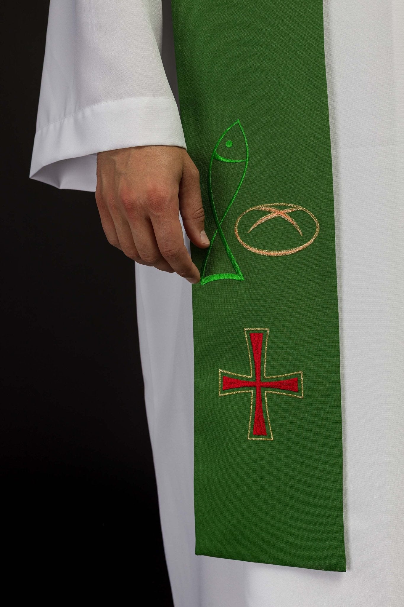 Green priestly stole embroidered with Bread Cross Fish motif - Image 2