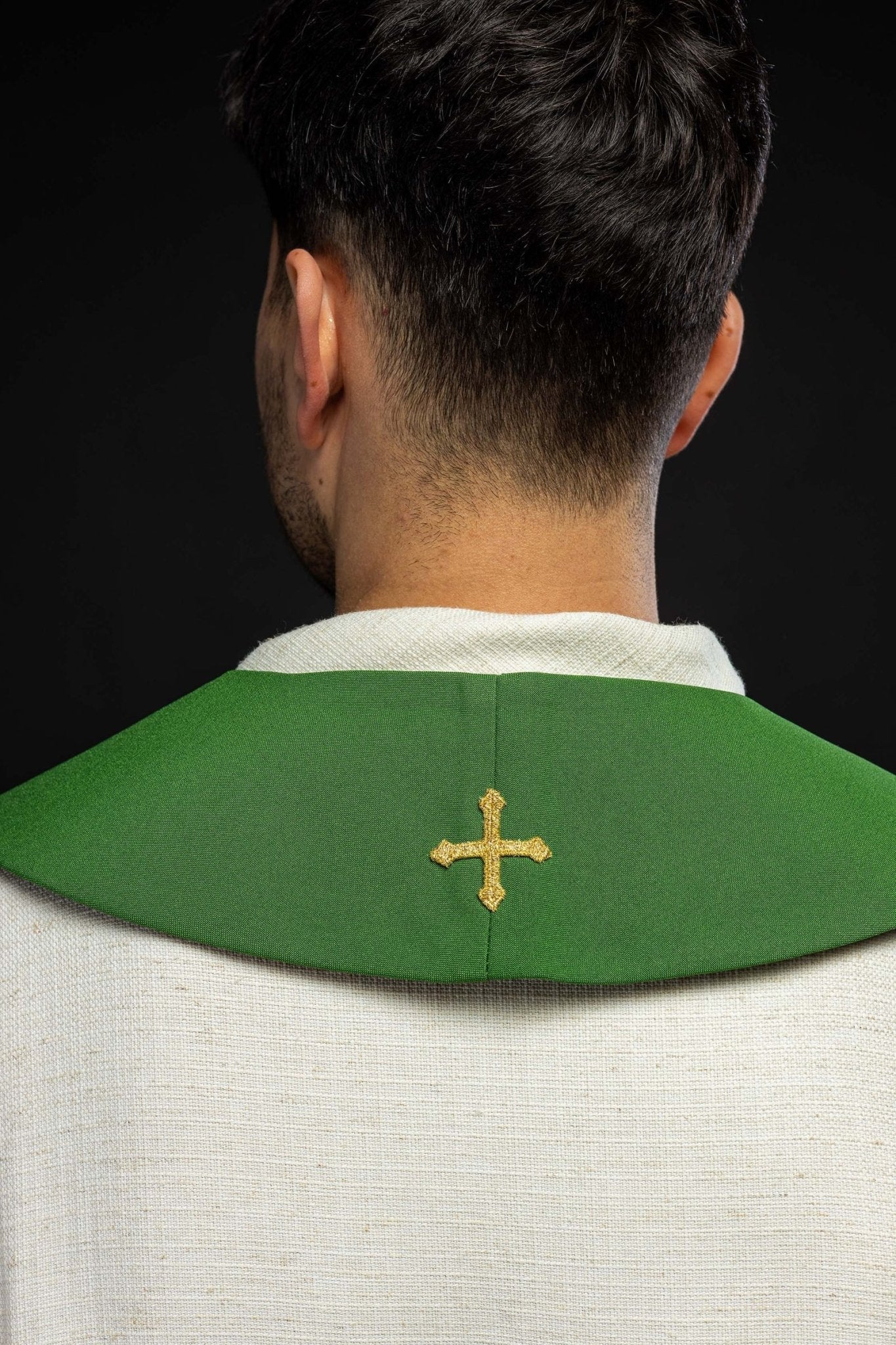 Green priestly stole embroidered with Bread Cross Fish motif - Image 3