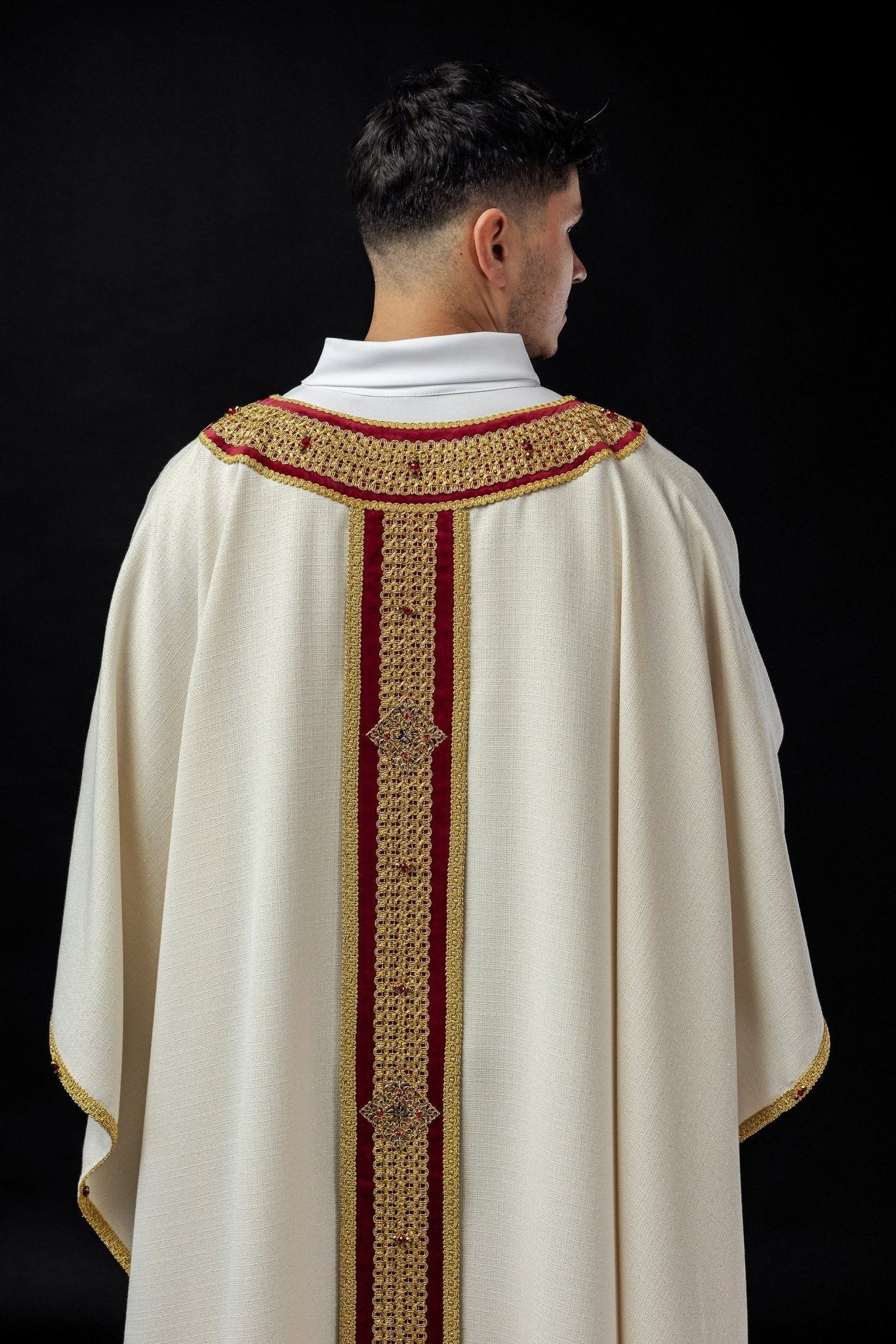 Ivory chasuble with red narrow orphrey Handmade 7001 - Image 10