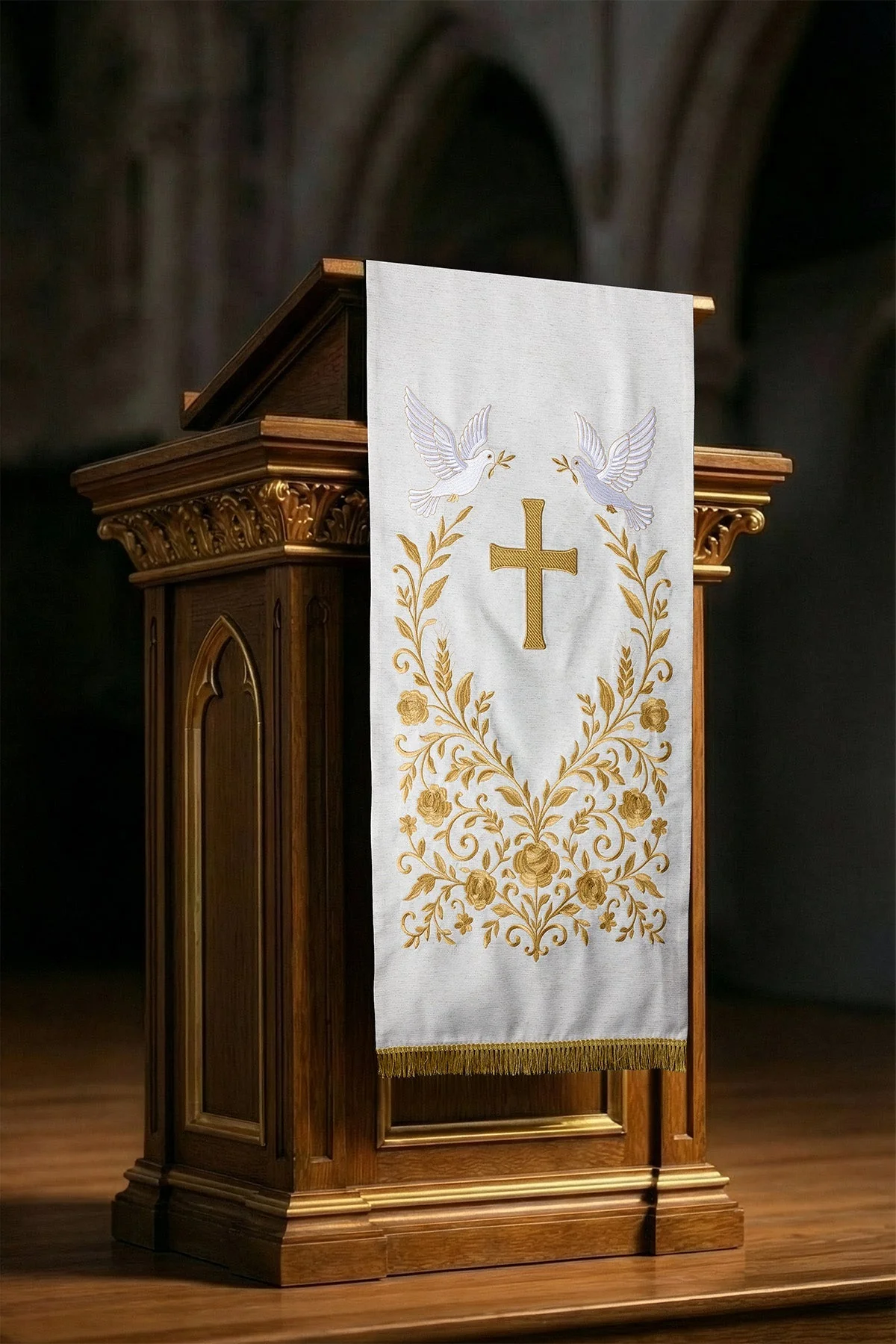 Lectern cloth with embroidery of the cross and doves in ecru