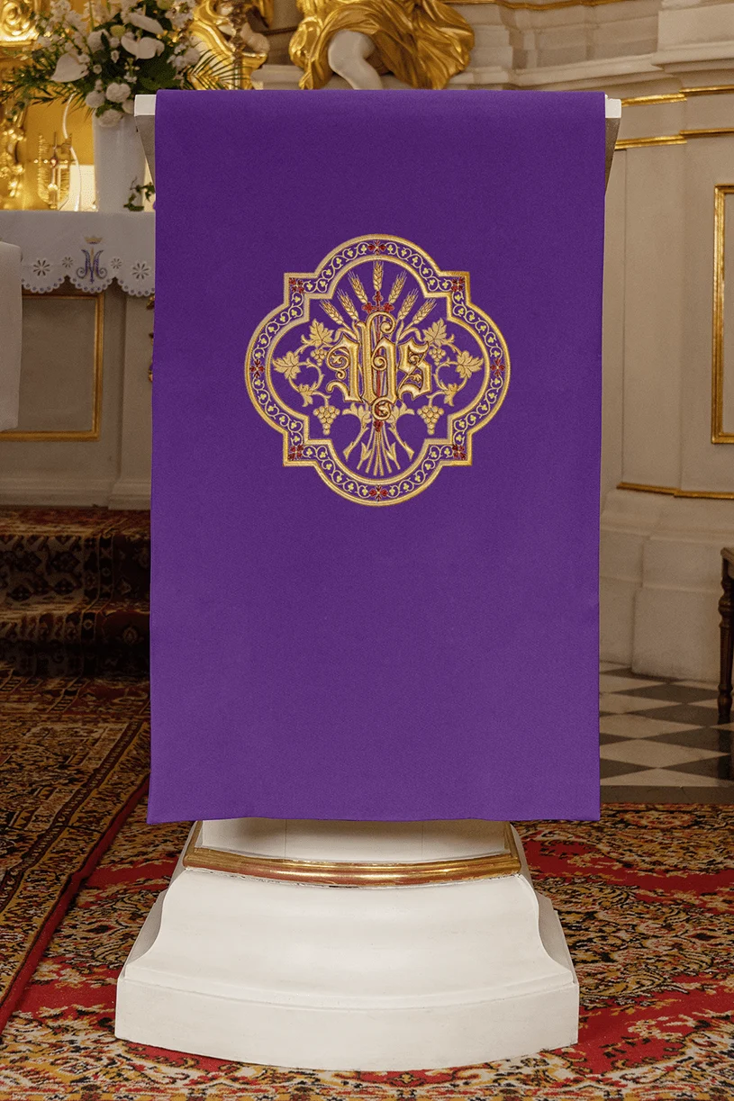 Purple lectern cover with golden embroidery IHS