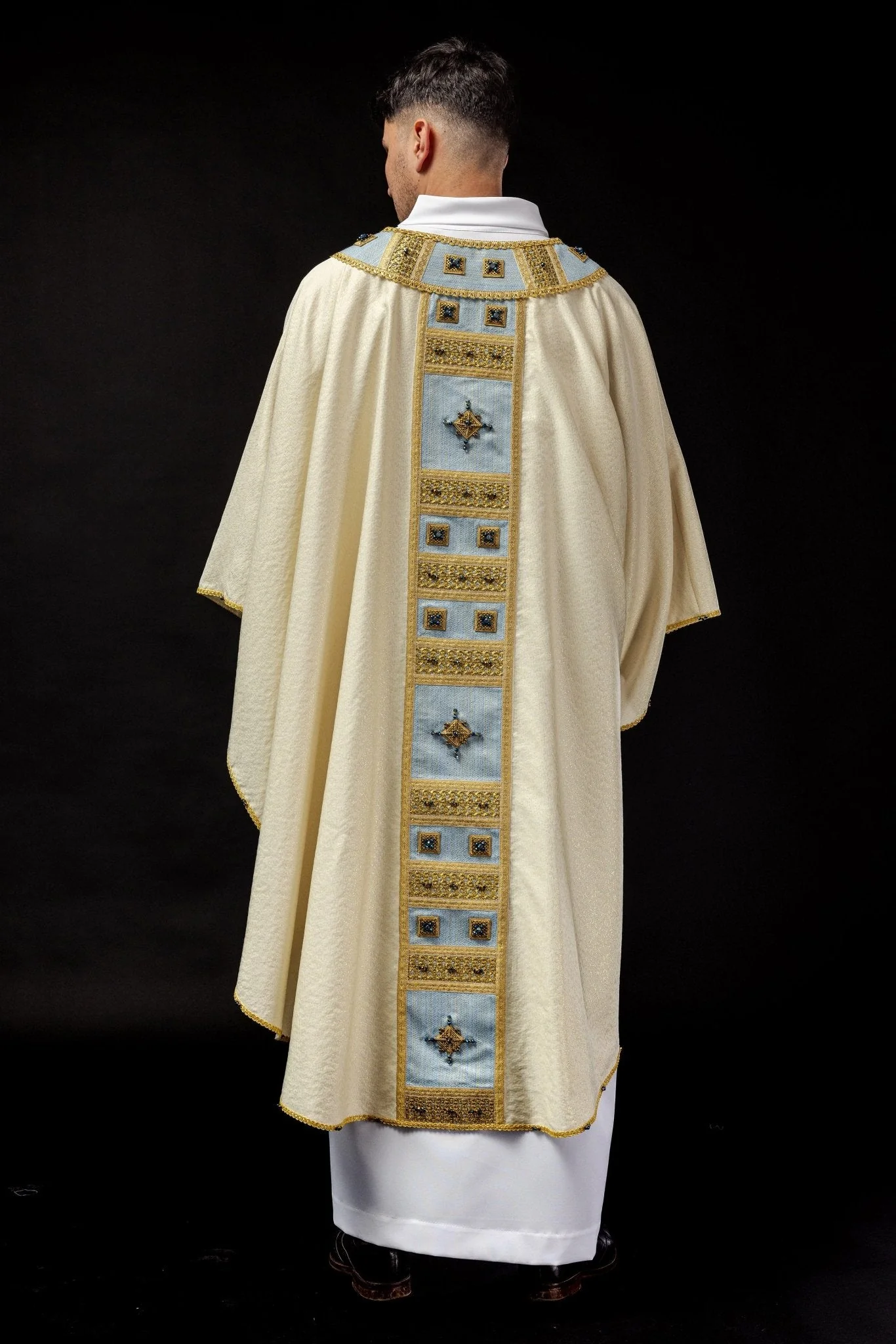 Light blue chasuble with natural stones Handmade 7004 - Image 7