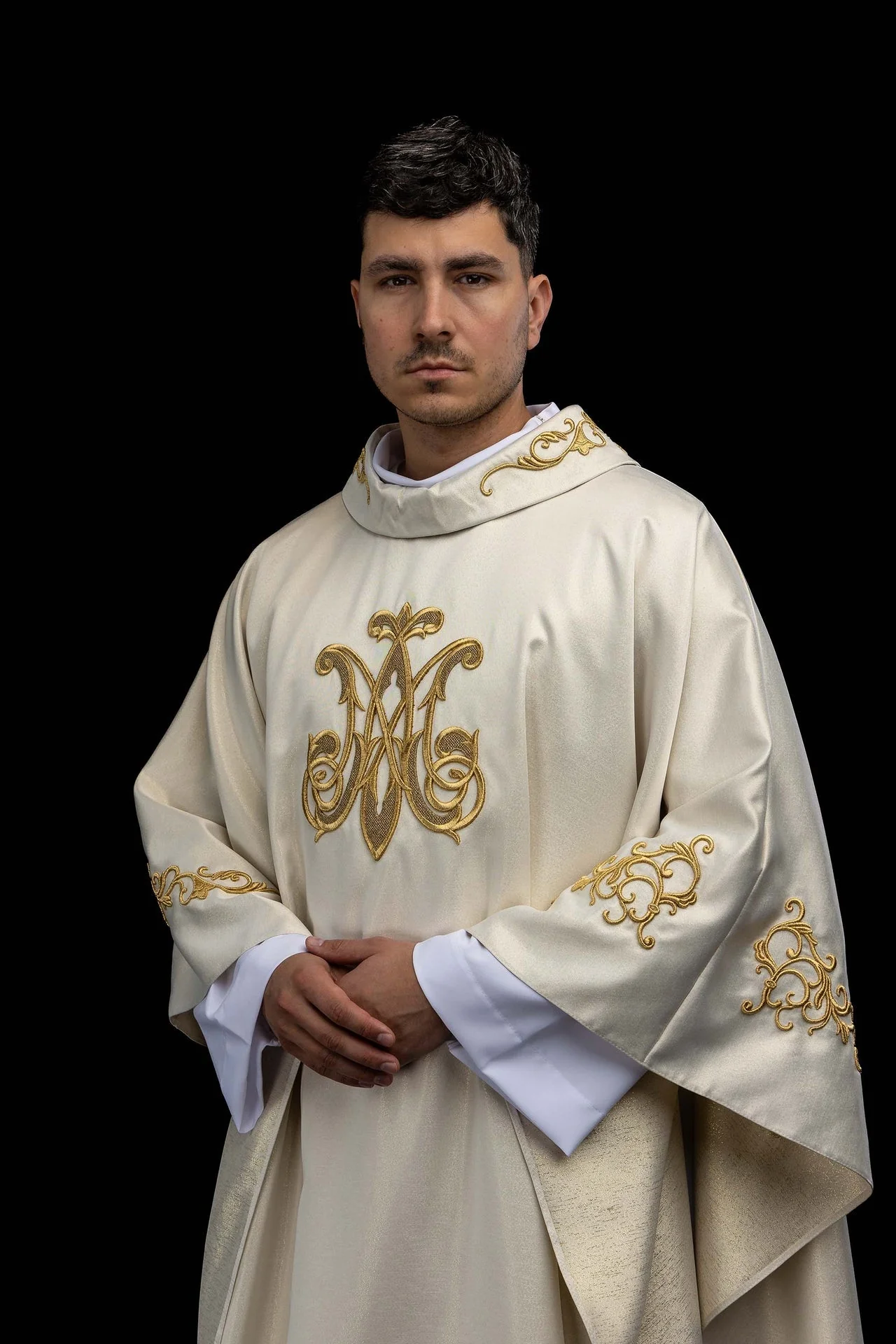 Liturgical chasuble with an embroidered Marian symbol