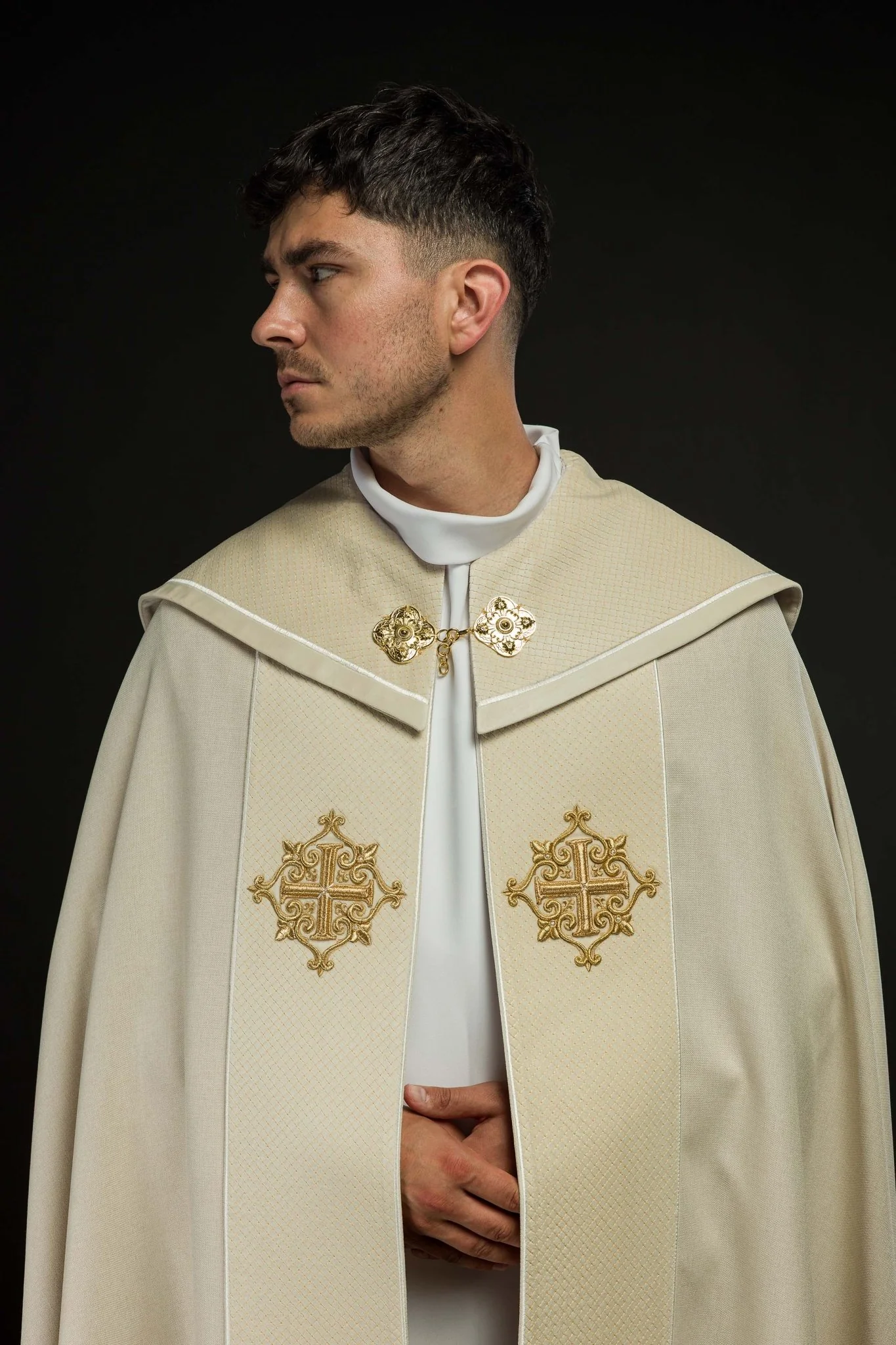 Liturgical Cope with Ecru Velvet Orphrey and Cross Embroidery - Image 9