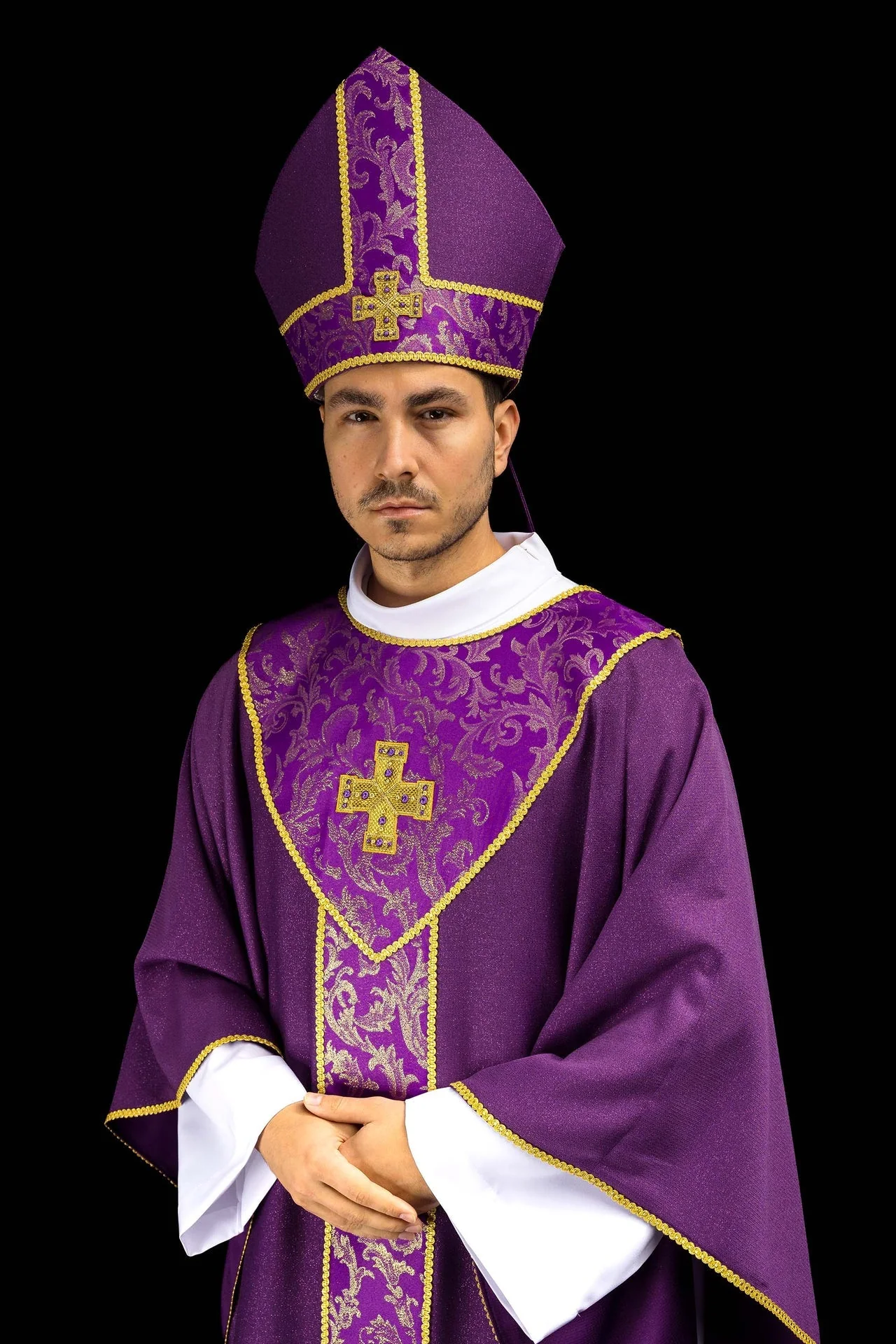 Purple mitre embroidered with a cross decorated with jacquard fabric - Image 8
