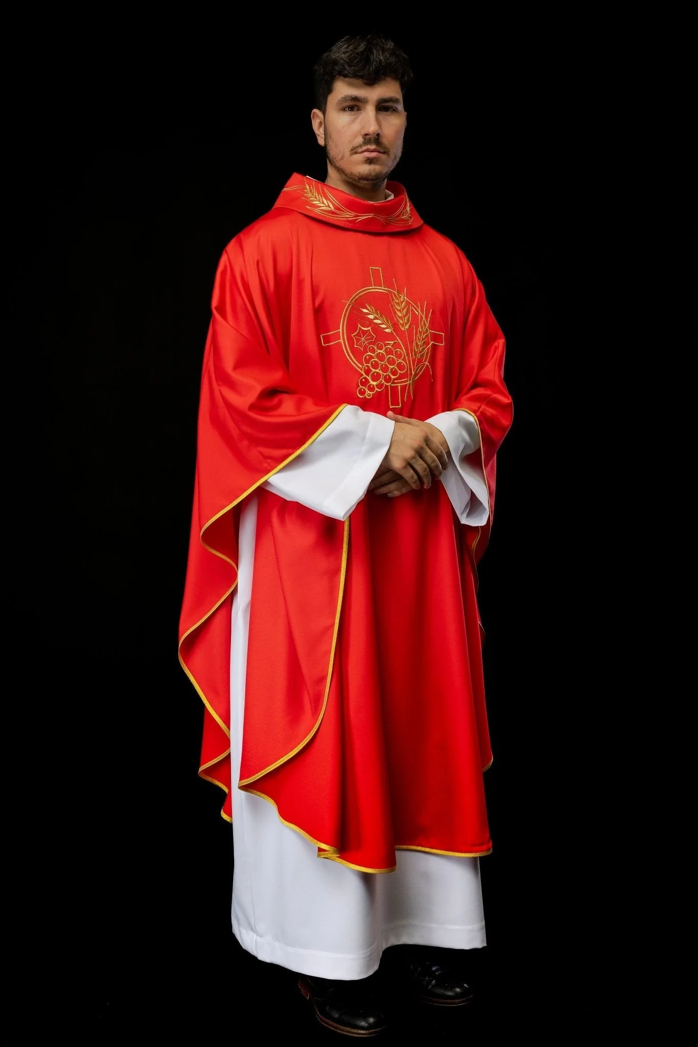 Monastic chasuble in red with embroidered collar and wheat symbol - Image 9