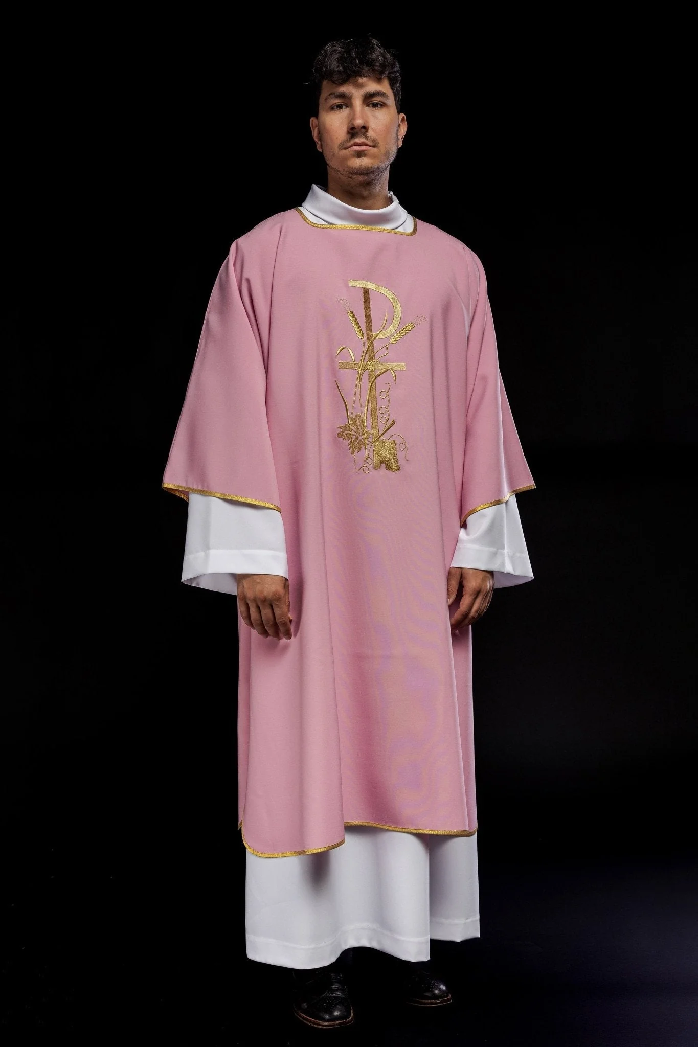 Pink dalmatic with gold Pax cross embroidery - Image 2