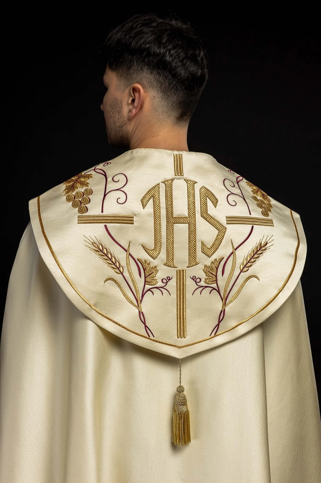 Priest cope with IHS and grapes gold embroidery