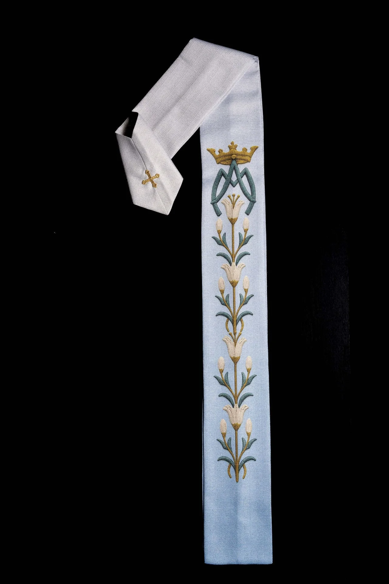 Printed Marian Chasuble with Lily Pattern and Monogram Blue & Cream - Image 10