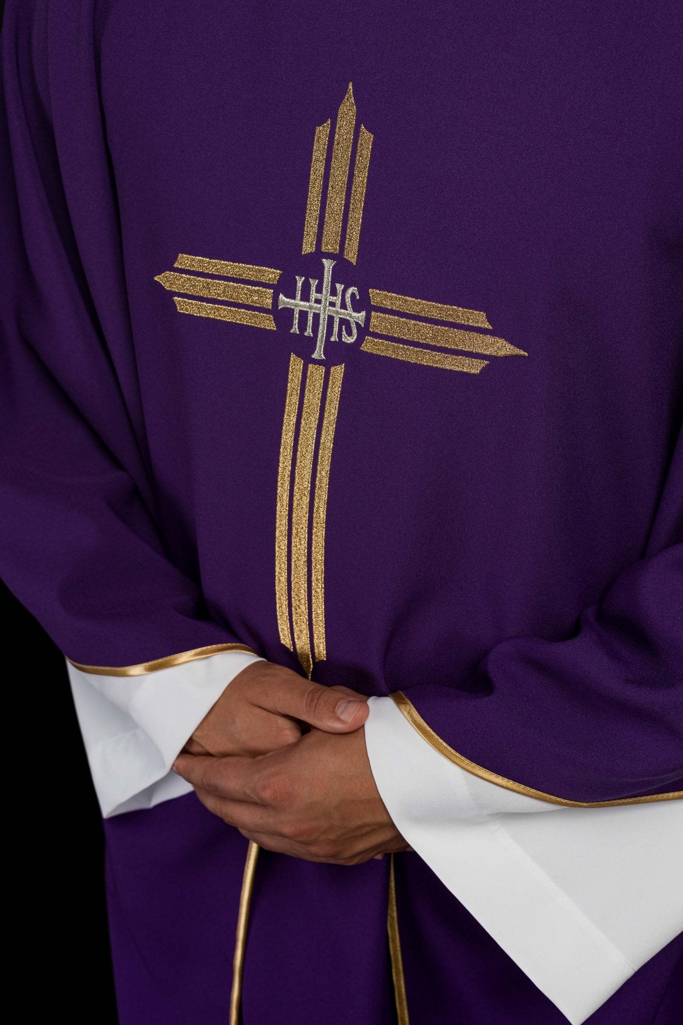 Purple chasuble embroidered with the symbol of Cross IHS - Image 3