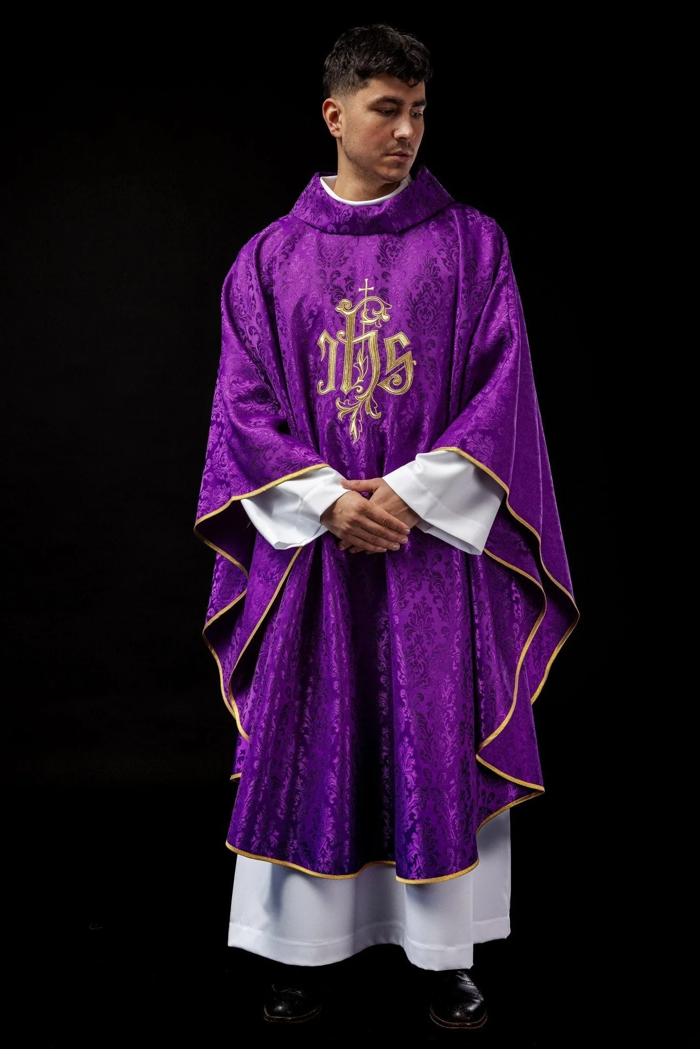 Purple chasuble made of floral ornamental texture with classic IHS - Image 6
