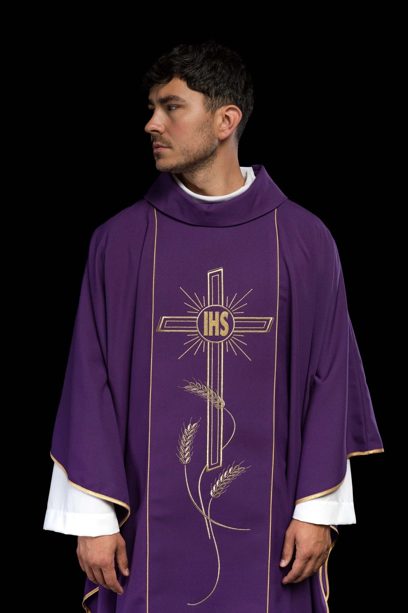 Purple chasuble with embroidered Cross IHS symbol