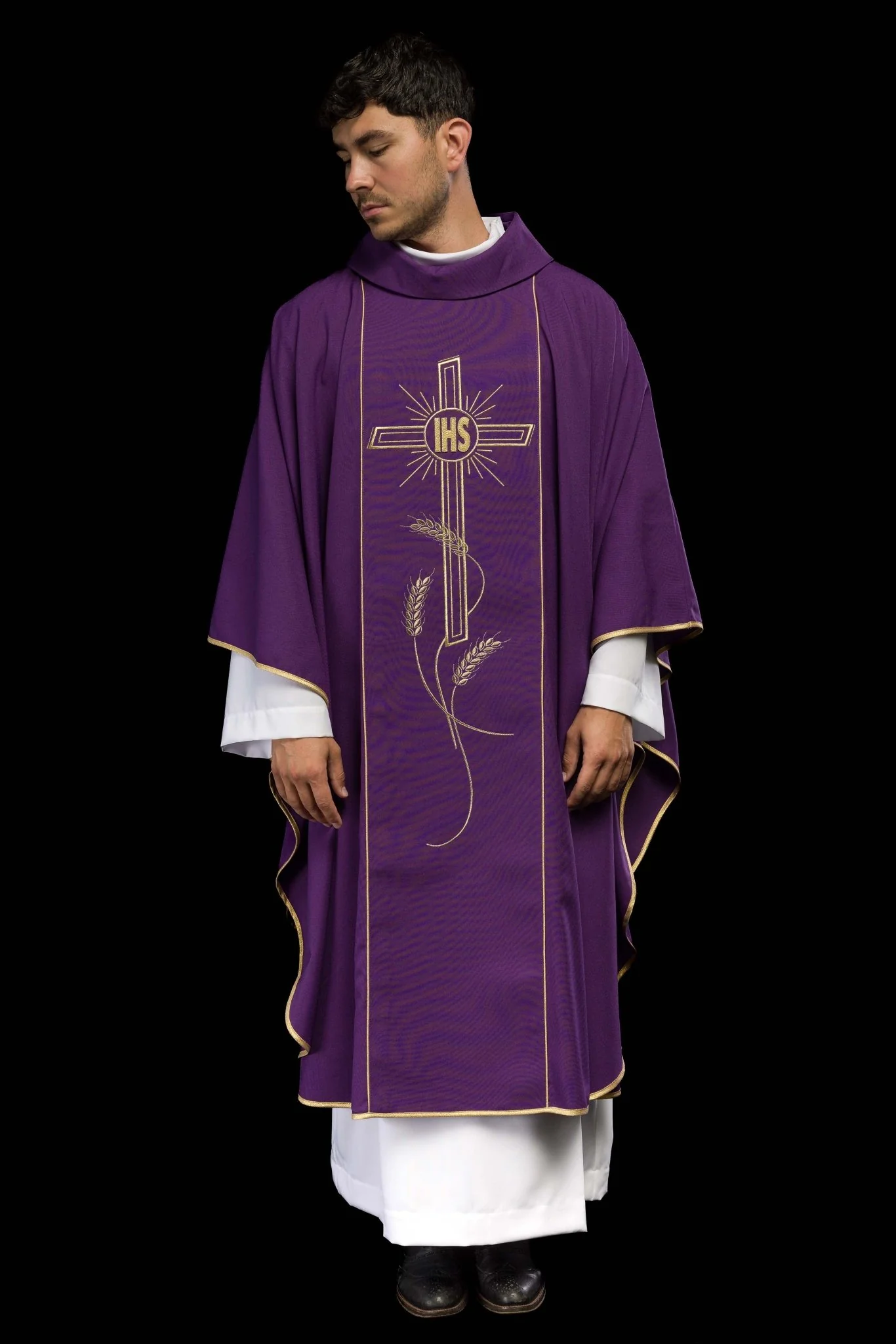 Purple chasuble with embroidered Cross IHS symbol - Image 2