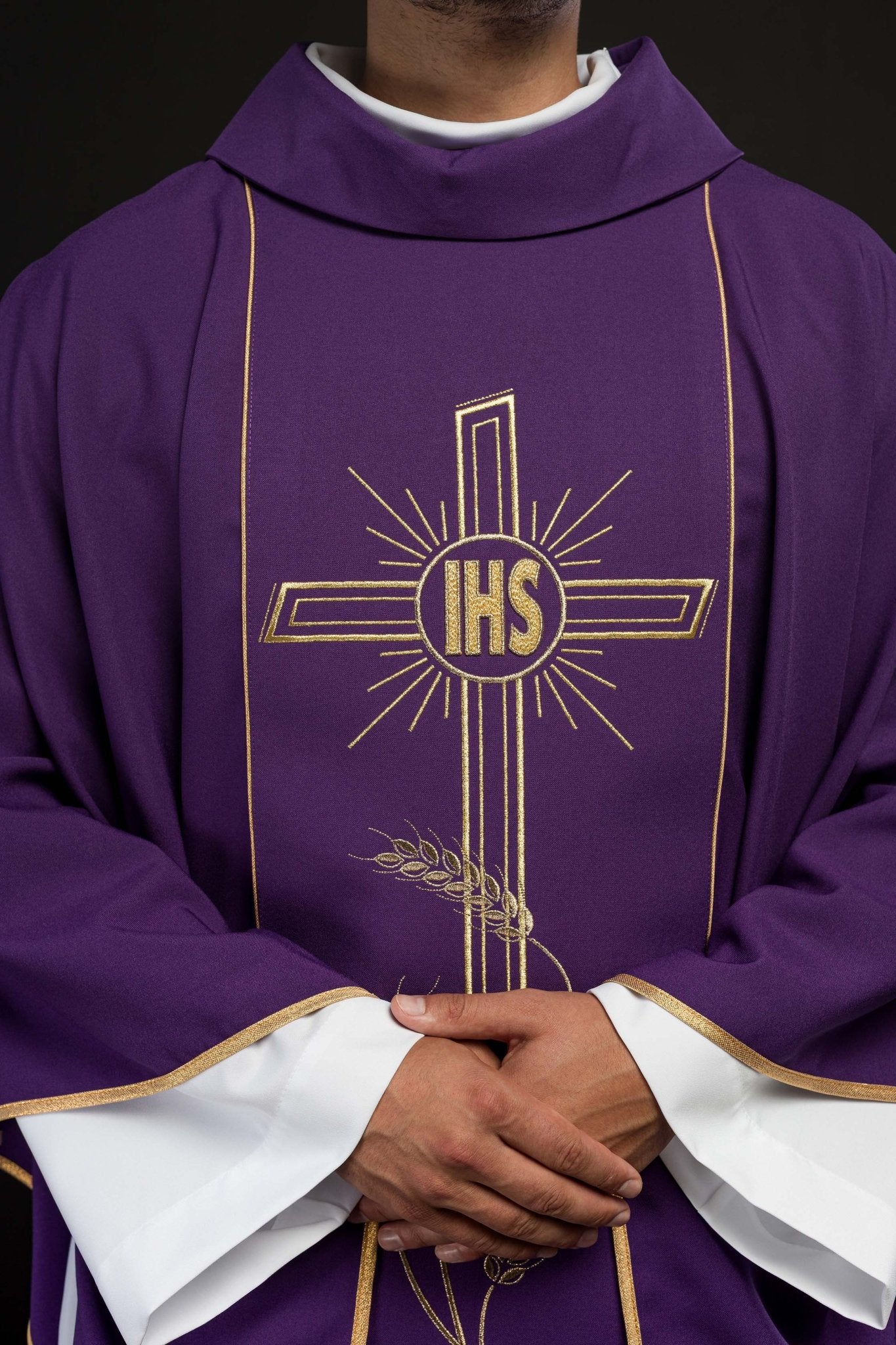Purple chasuble with embroidered Cross IHS symbol - Image 3