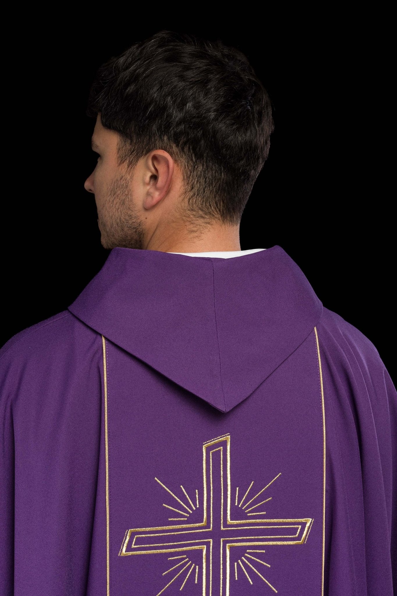 Purple chasuble with embroidered Cross IHS symbol - Image 5