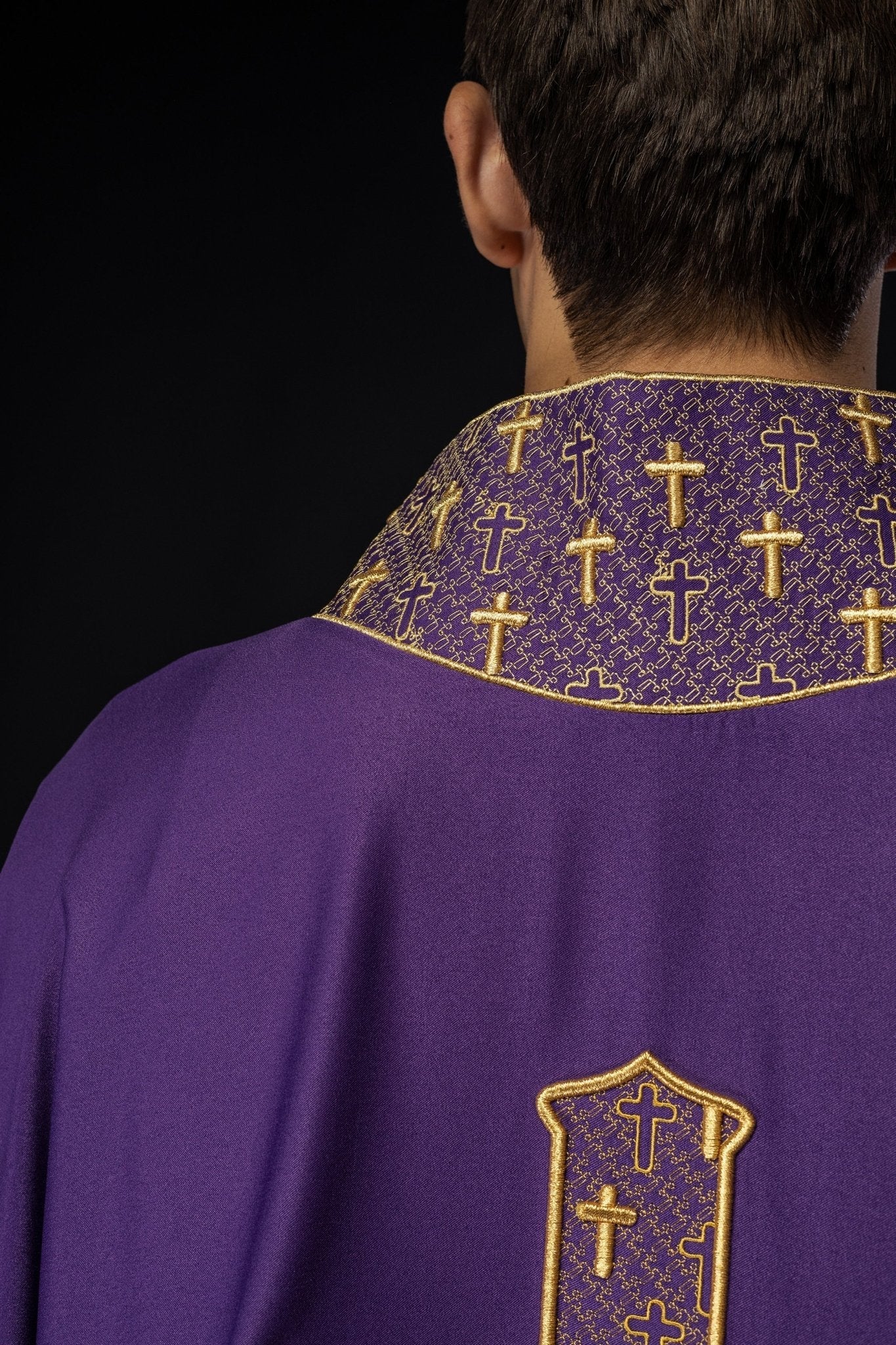 Purple chasuble with gold collar and cross embroidery - Image 5