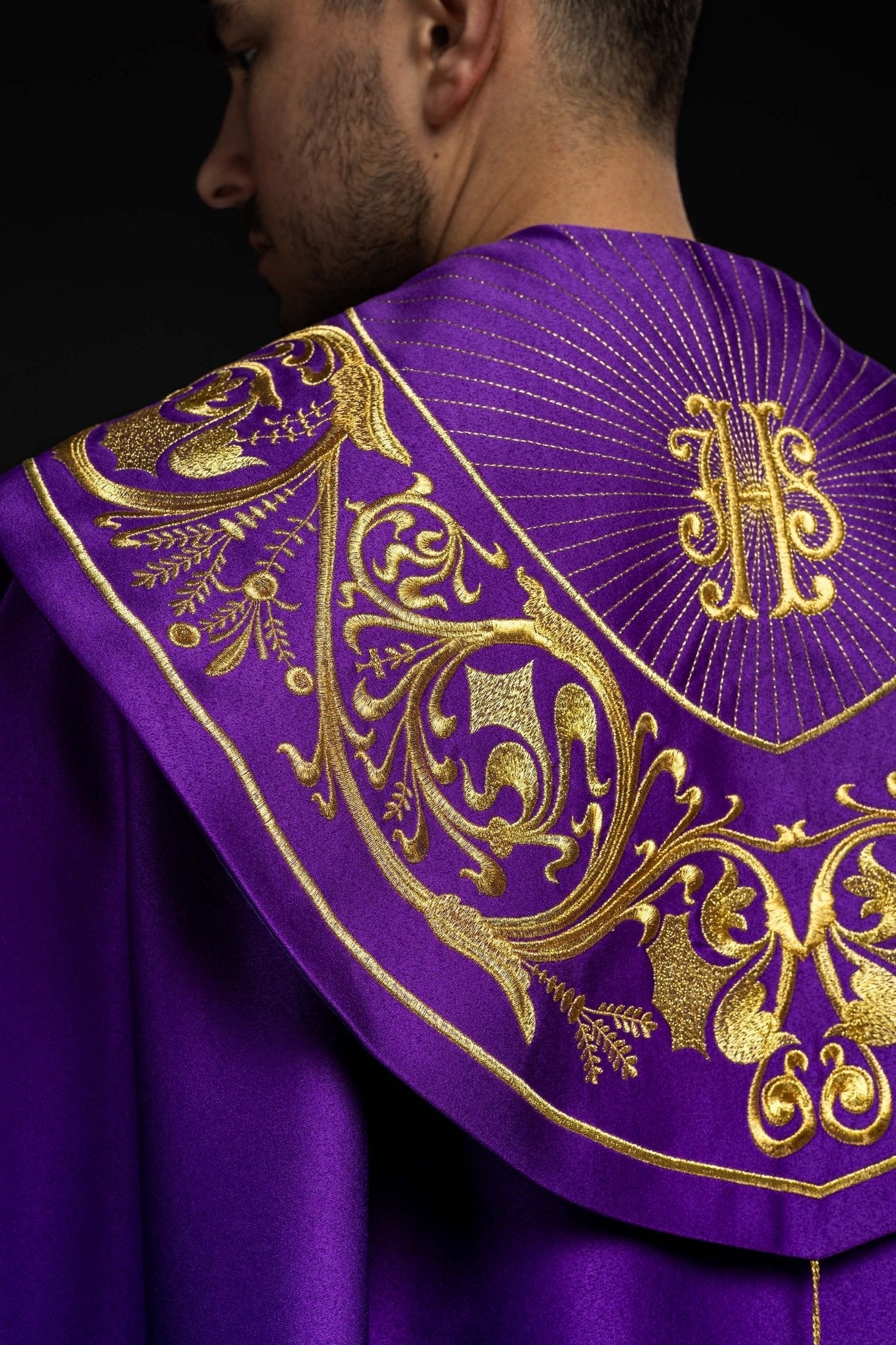 Purple church cope with gold IHS monogram - Image 3