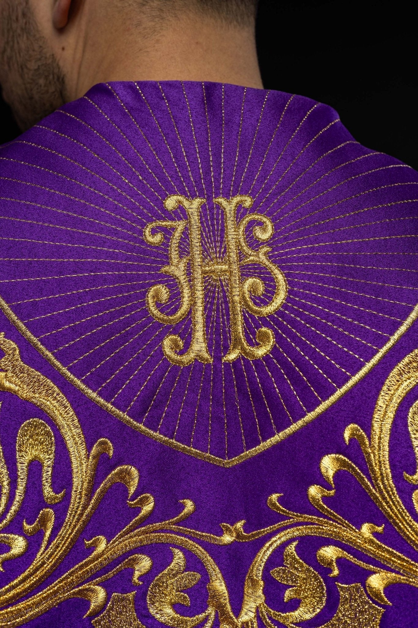 Purple church cope with gold IHS monogram - Image 4