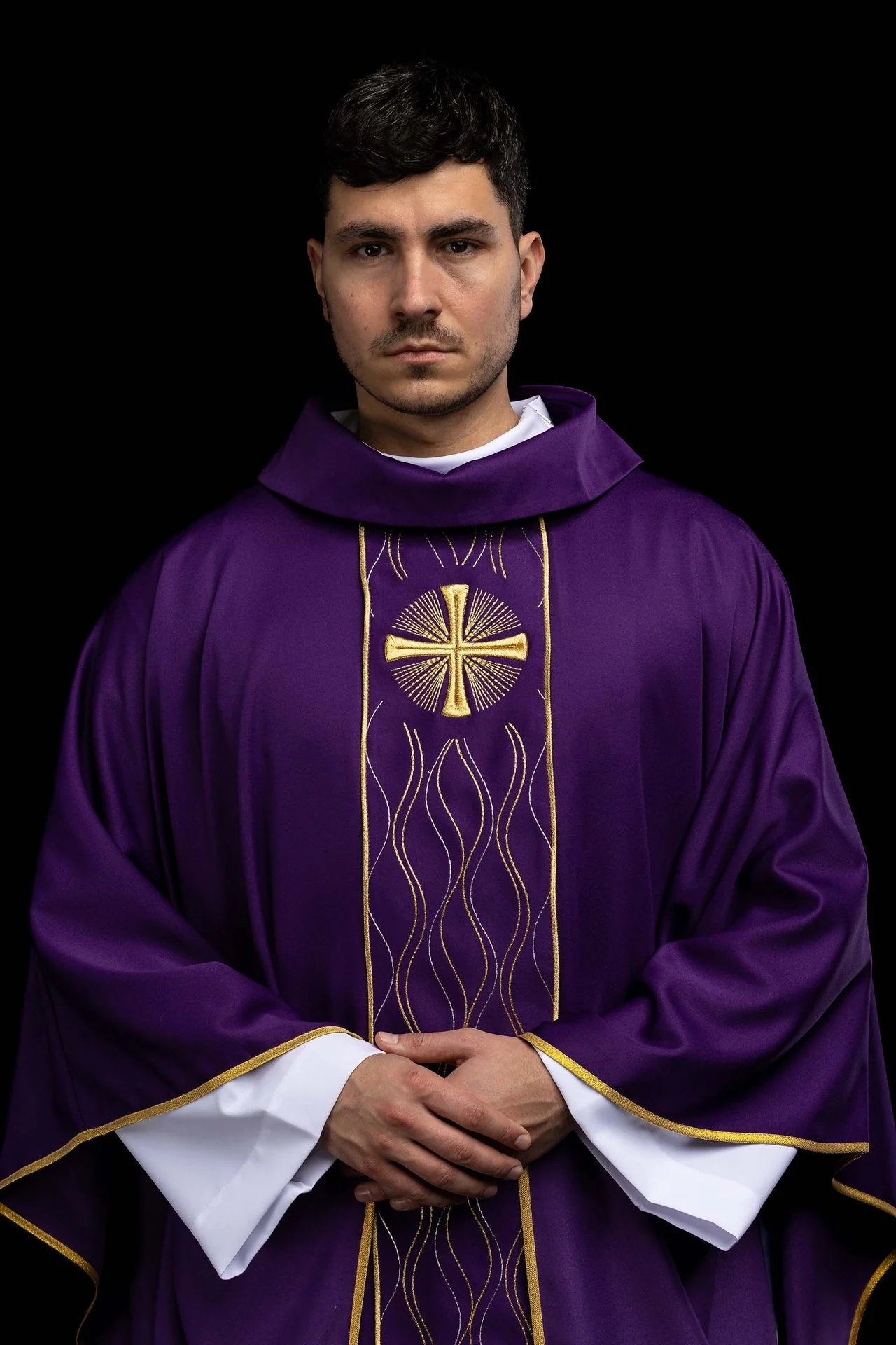 Purple cross-embroidered chasuble