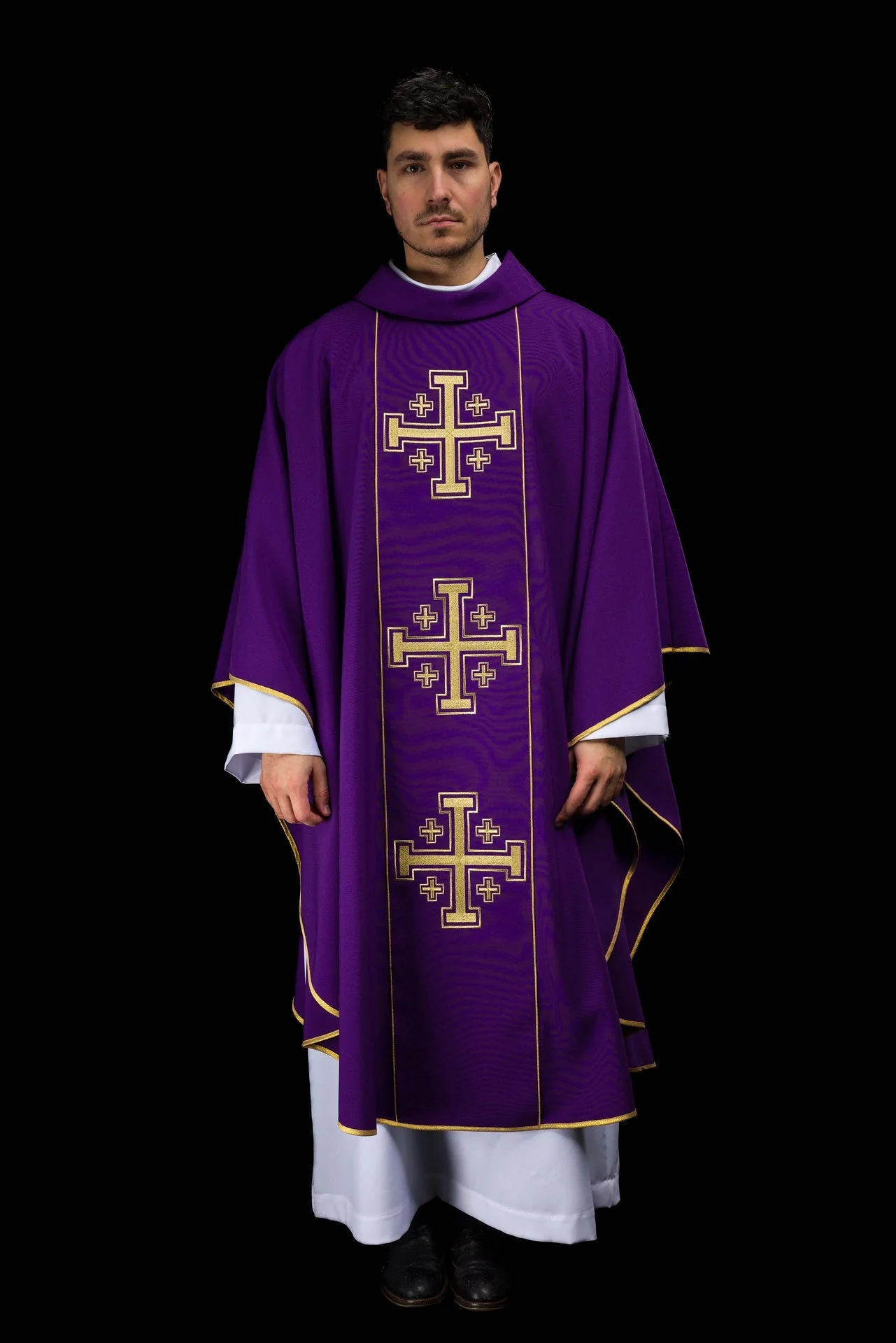 Purple embroidered chasuble with band and Jerusalem crosses
