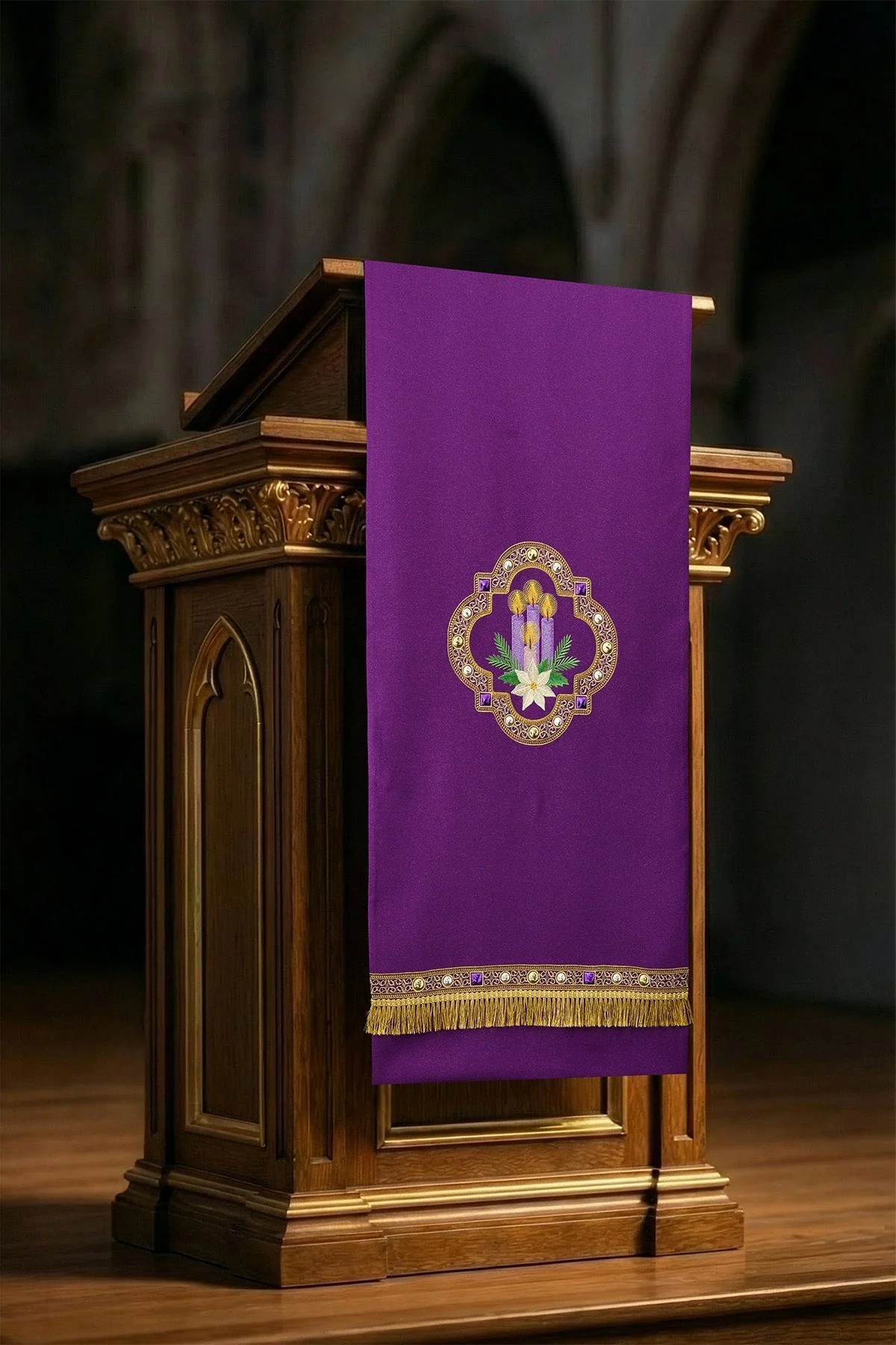 Purple lectern cloth with Advent embroidery