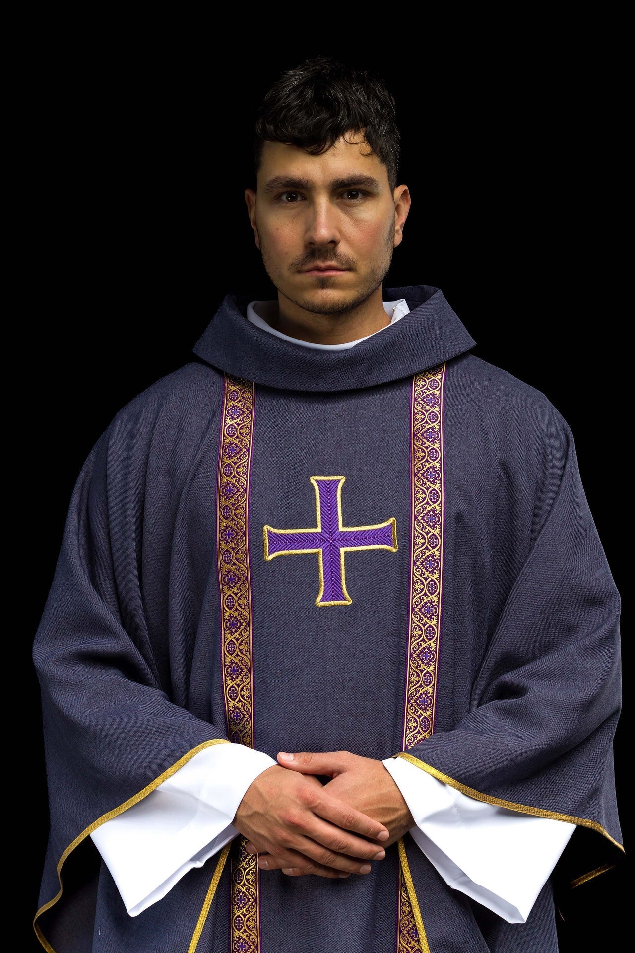 Purple liturgical chasuble with embroidered cross and jacquard bands