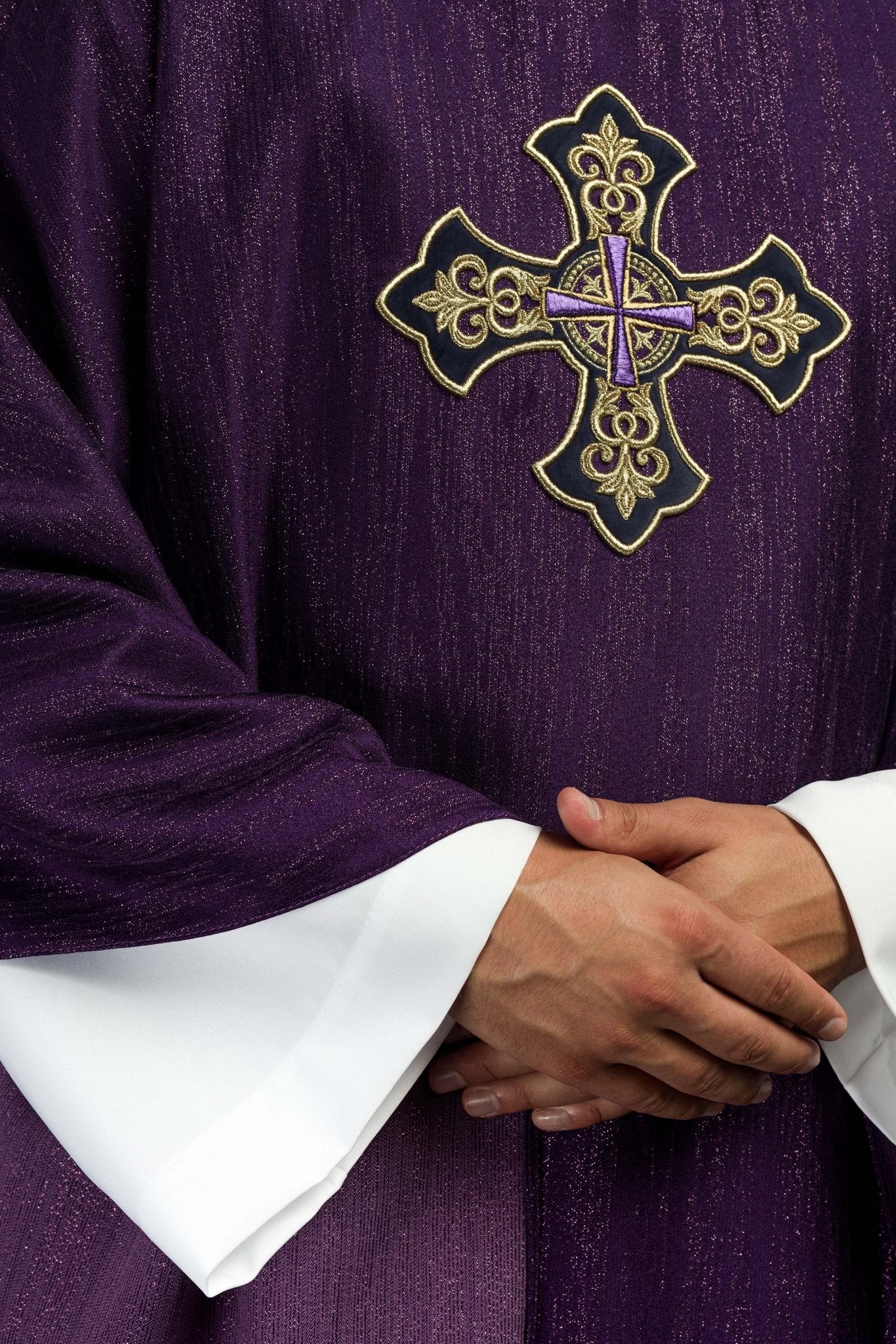 Purple Liturgical Chasuble with Embroidered Cross on Decorative Fabric - Image 4
